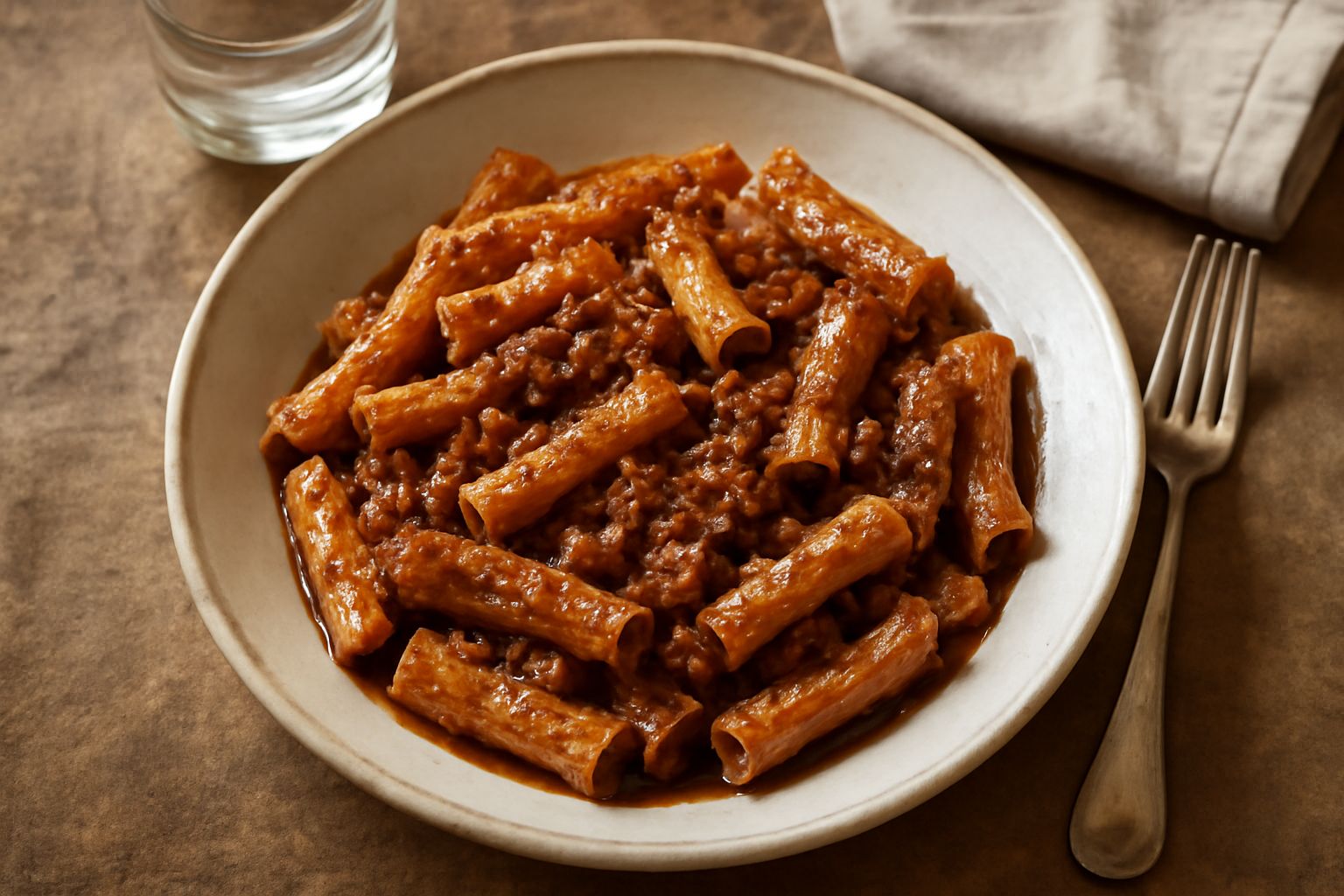 Piatto di pasta rigatoni coperta da sugo scuro di carne macinata, con gocce di olio, grattugia di parmigiano bianca e foglia di basilico fresco, servita in piatto bianco fondo