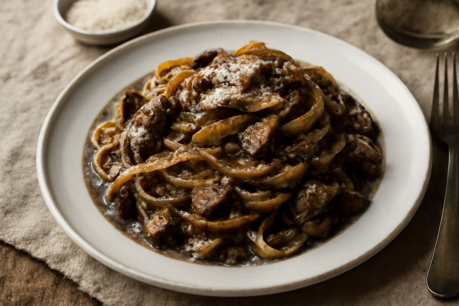 Piatto di pasta fresca rivestita di sugo scuro ai funghi porcini, con fettucce ondulate coperte di salsa marrone, guarnito di prezzemolo fresco verde e scaglie di parmigiano bianche su superficie seto