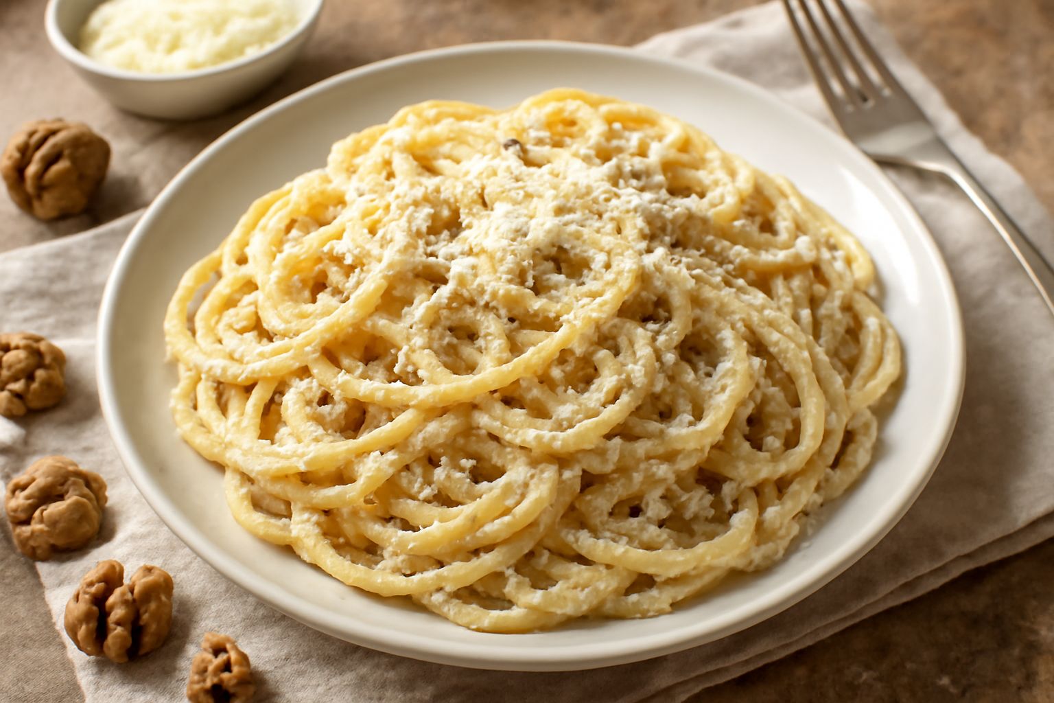 Un piatto di pasta bionda condita con sugo color crema con visibili frammenti di noci tostate, polvere di parmigiano bianca e un filo di olio d'oliva verde, su fondo bianco