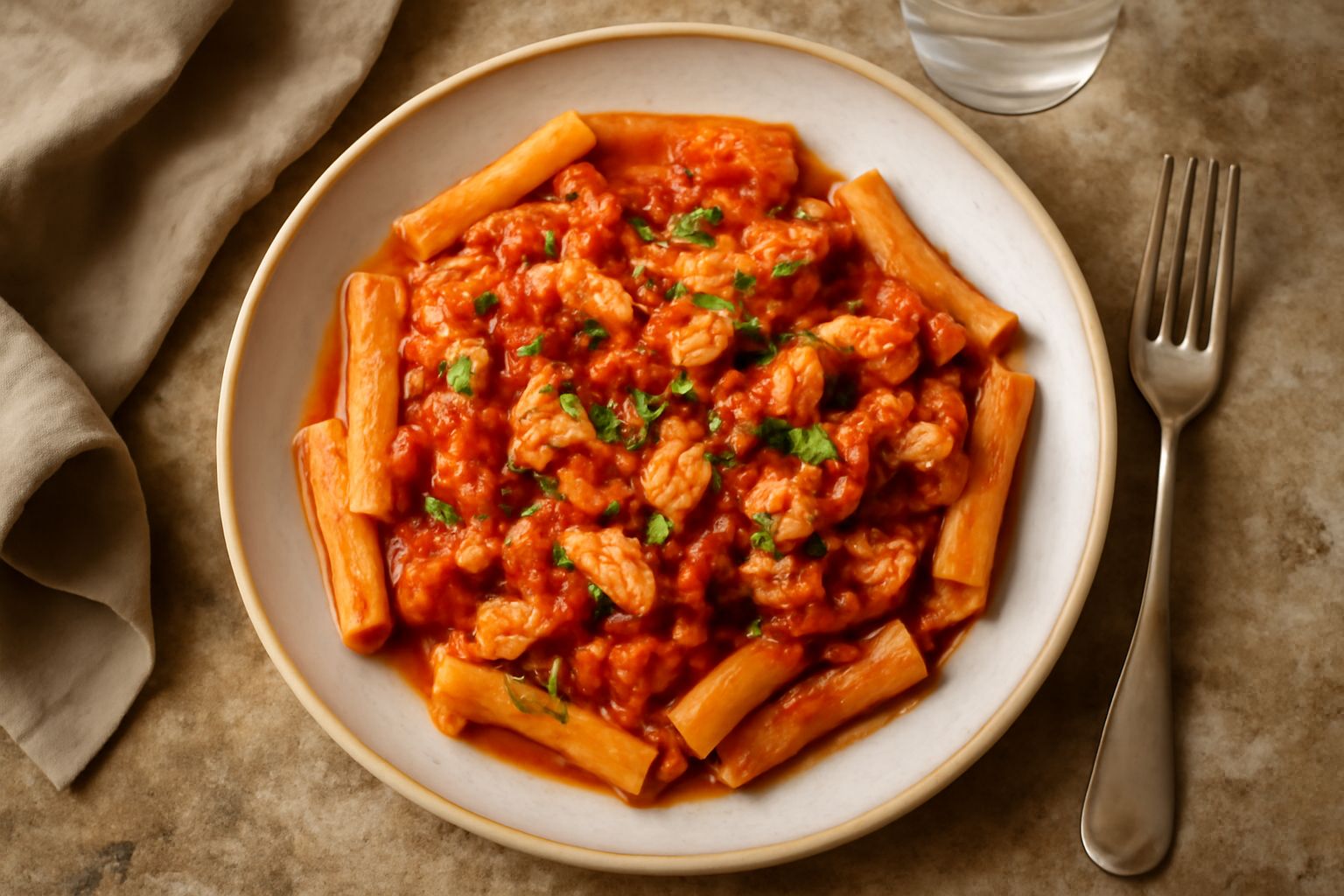 Piatto di pasta color giallo dorato condito con sugo rosso di pomodoro, visibili frammenti di pesce bianco, guarnito con prezzemolo verde fresco tritato, servito in ciotola di ceramica bianca