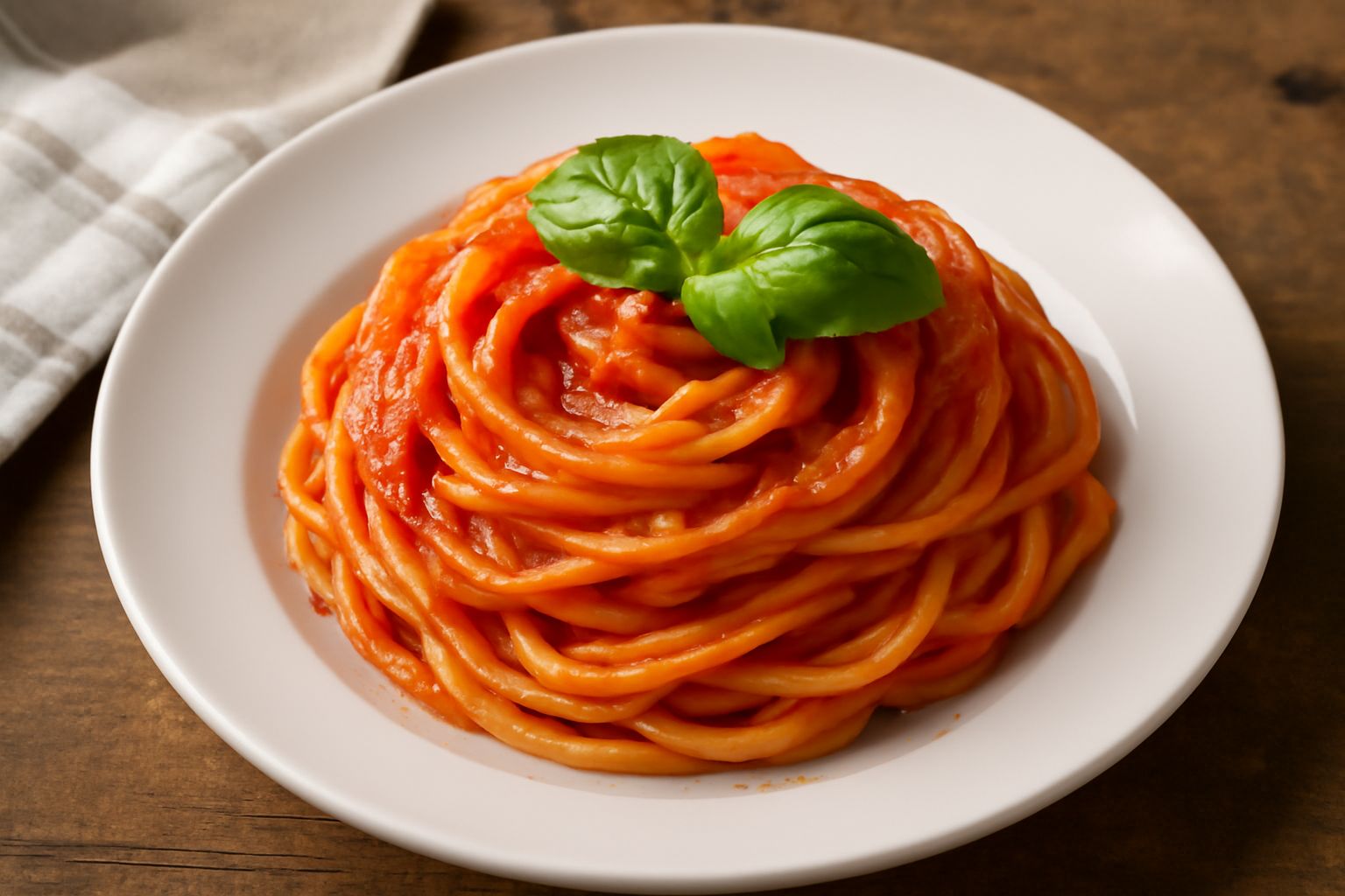 Piatto di pasta spaghetti rivestita di sugo rosso brillante con foglia di basilico fresco verde, gocce di olio lucido in superficie, parmigiano grattugiato bianco sui bordi, su fondo bianco