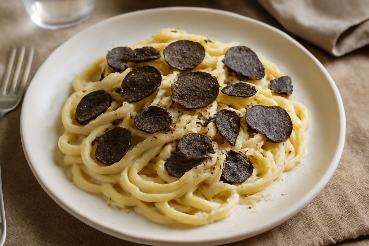 Piatto di pasta lunga mantecata color avorio con scaglie di tartufo nero disperse sulla superficie, burro fuso visibile, parmigiano reggiano grattugiato fine, presentazione elegante su piatto bianco