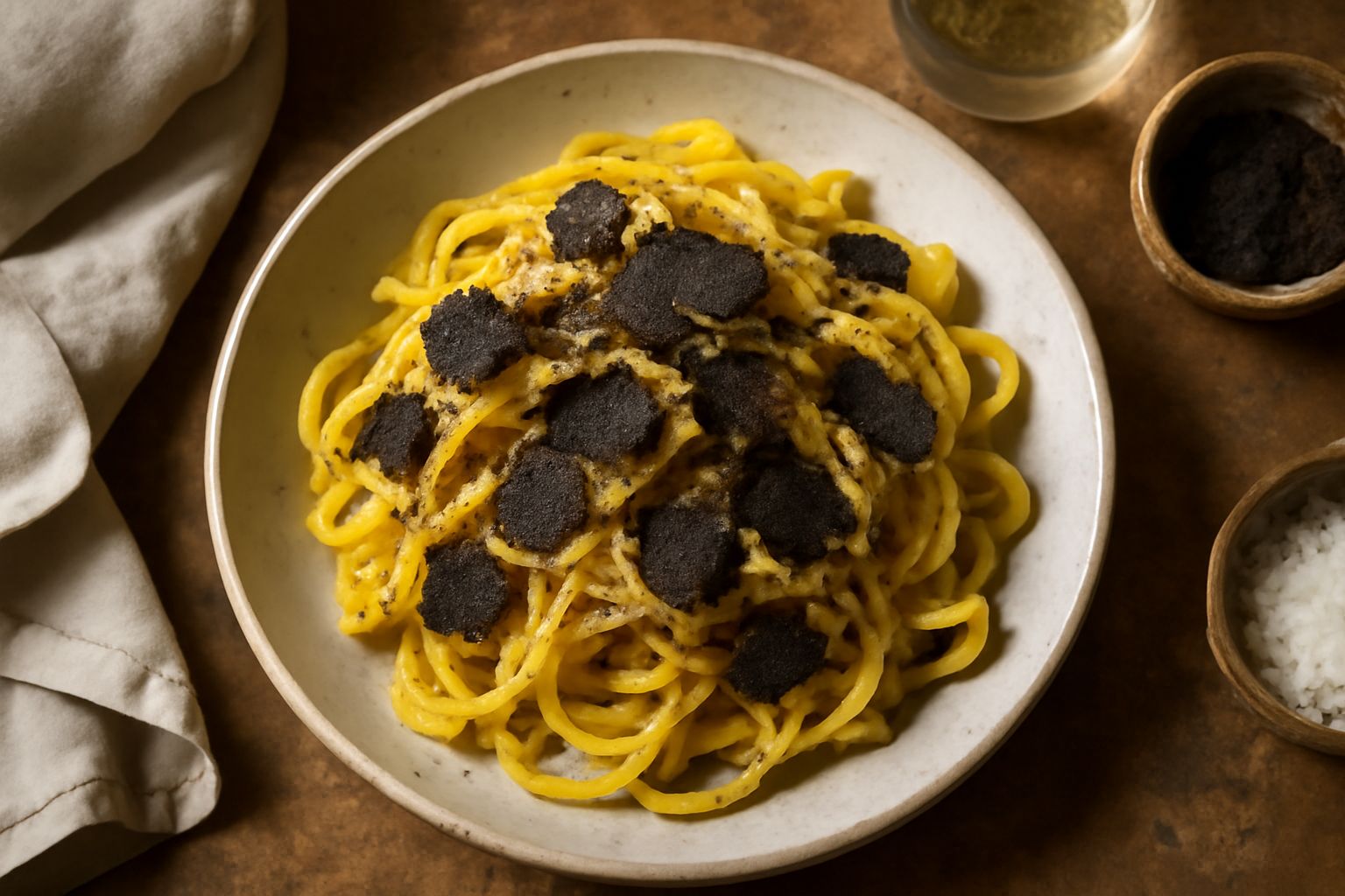 Piatto di pasta bianca con fettuccine ricoperte di burro lucido e tartufo nero grattugiato, pezzi neri visibili sulla superficie, prezzemolo fresco sul bordo, servita in piatto bianco fondo