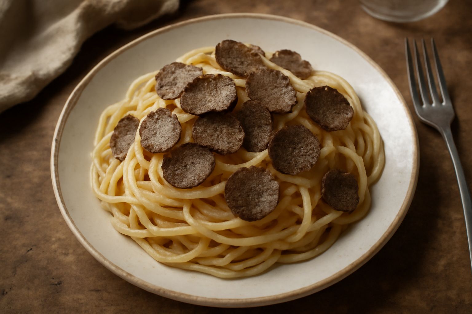 Piatto di pasta fresca con scaglie sottili di tartufo nero lucido, burro fuso e formaggio grattugiato, su piatto bianco in primo piano