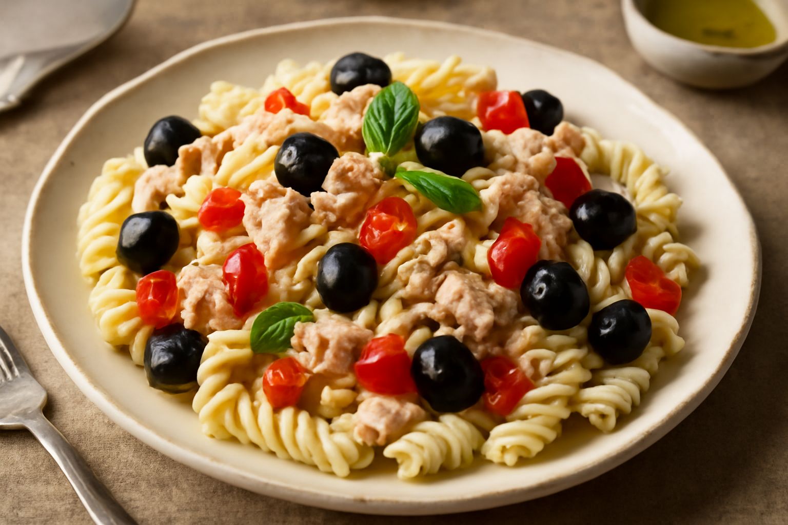 Piatto di pasta al tonno fredda con fusilli bianchi, tonno sfaldato, pomodori rossi tagliati, olive nere, prezzemolo verde e un filo d'olio d'oliva giallo dorato