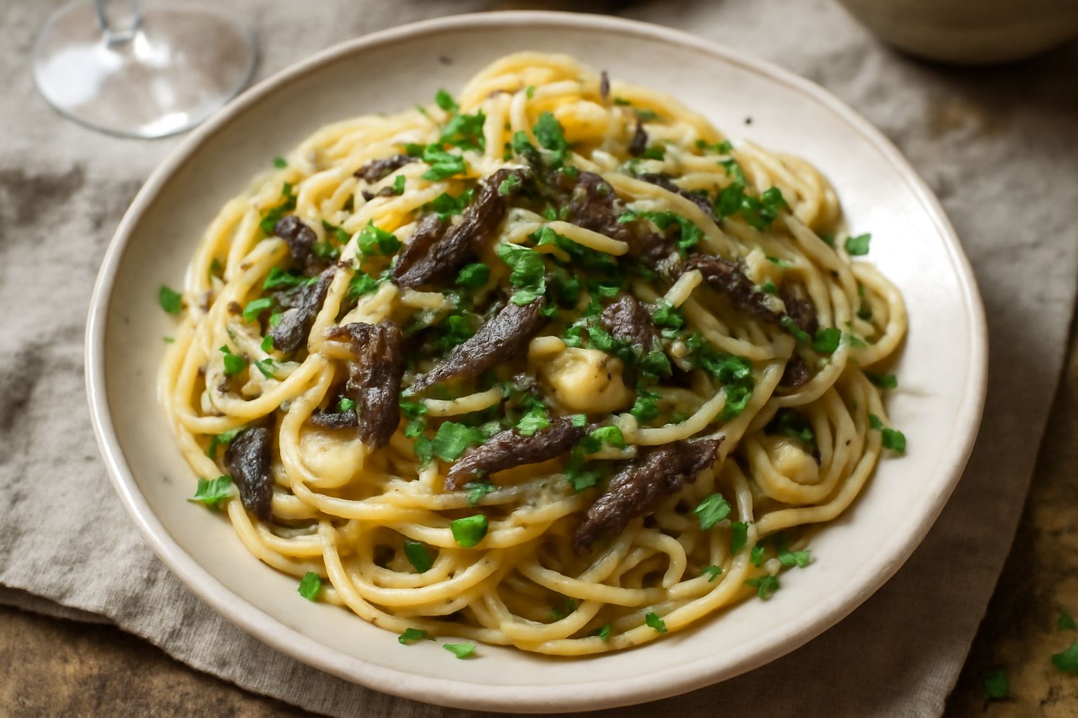 Piatto di spaghetti bianchi con acciughe grigio scuro, aglio sfumato, prezzemolo verde fresco sparse sulla pasta, olio lucido, ciotola in ceramica bianca