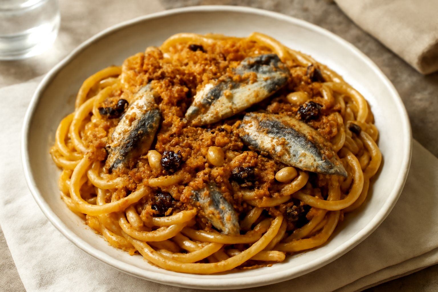 Piatto di pasta alla beccafico di pesce con sardine intere filettate, pane tostato croccante sparso in superficie, pinoli tostati, uvetta scura, olio d'oliva lucido su pasta spaghetti o bucatini al de