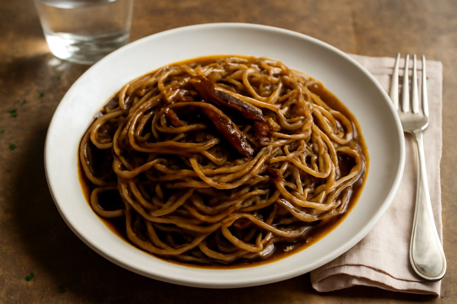 Piatto di pasta alla buiese con spaghetti rivestiti da salsa scura, acciughe, aglio e peperoncino rosso; olio lucente sulla superficie; servito in piatto bianco con una spolverata di prezzemolo fresco