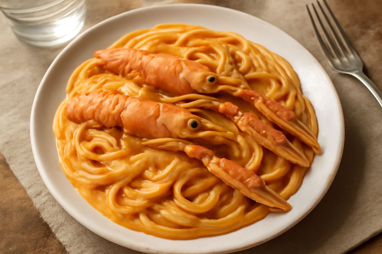 Piatto di pasta lunga con salsa rosato chiaro, scampi interi visibili, prezzemolo verde fresco, panna chiara, su fondo bianco con olio brillante