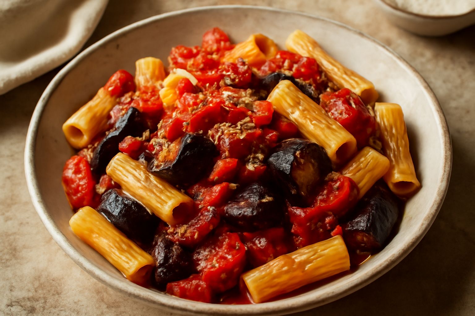 Piatto bianco di pasta alla calabrese condita con melanzane tagliate a cubetti, strisce di peperoni rossi lucidi, pomodori stufati rosso vivo, peperoncino rosso tritato e grana grattugiato in superfic