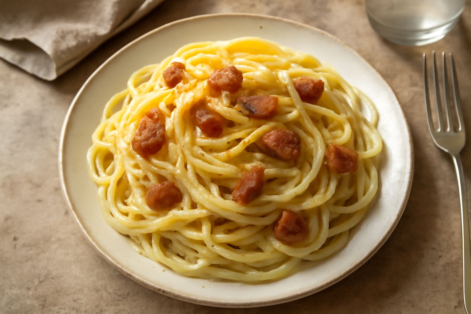 Piatto di spaghetti alla carbonara con cremosità bianca, pepe nero visibile, guanciale dorato a listarelle, pecorino grattuggiato, servito in piatto bianco fondo.