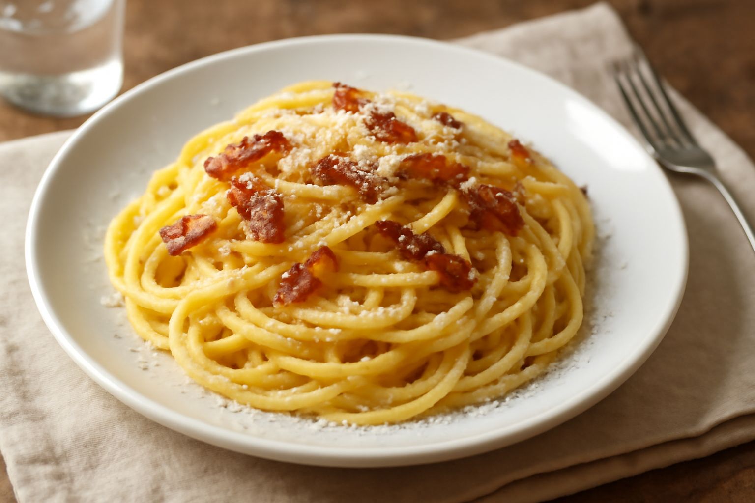 Piatto di spaghetti bianchi e cremosi con strisce dorate di guanciale croccante, granuli di pecorino romano, pepe nero visibile, servito in ciotola bianca con forchetta in acciaio