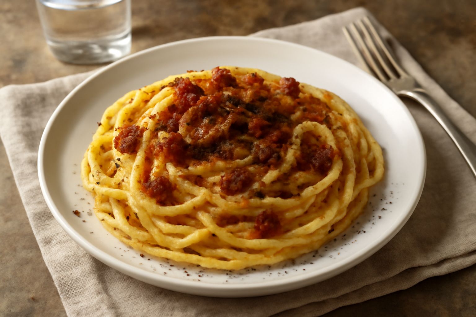Piatto di spaghetti color paglia e bianco, ricoperti di una salsa cremosa giallo pallido, con pezzetti visibili di guanciale croccante e una spolverata scura di bottarga grattugiata