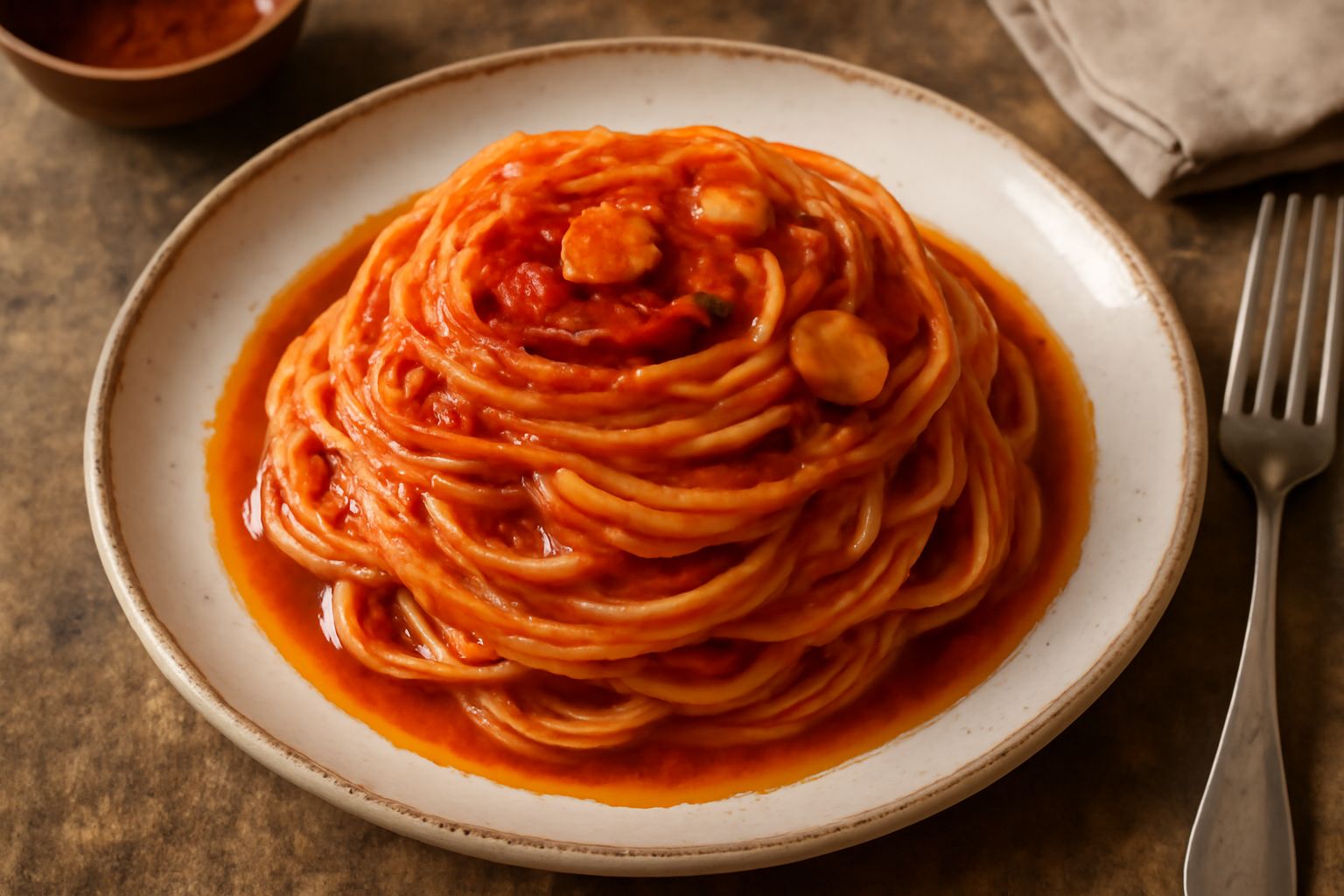 Piatto di pasta lunga con sugo rosso pomodoro, aglio dorato e peperoncino rosso, servito in un piatto bianco, olio d'oliva brillante in superficie, prezzemolo verde come guarnizione