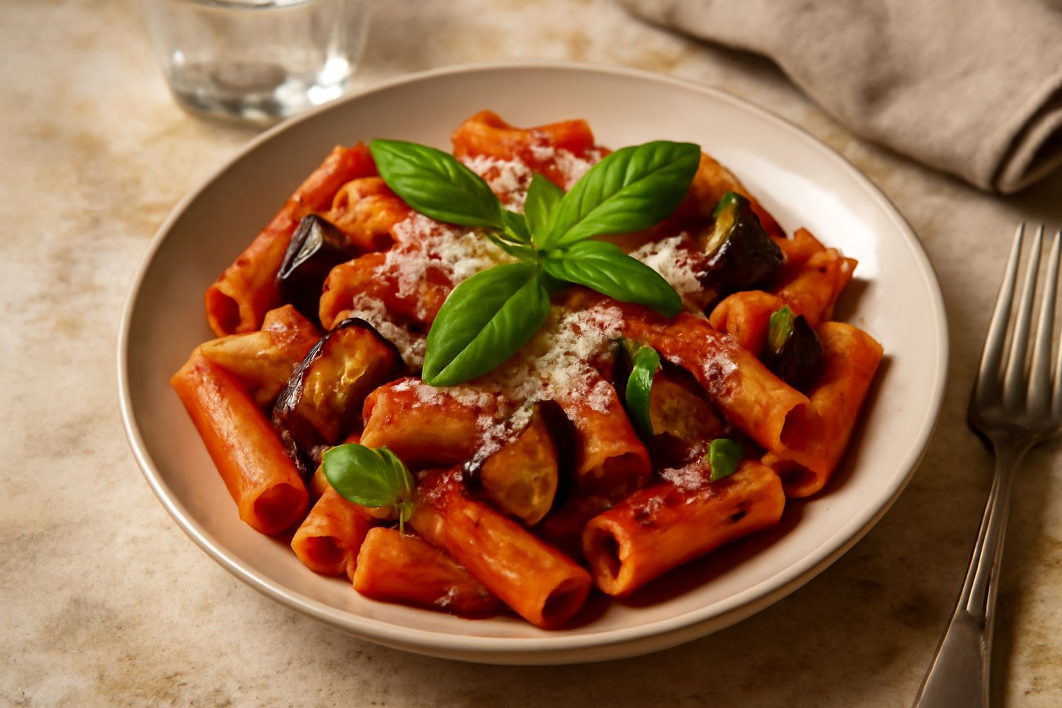Piatto di pasta alla Catanese con melanzane fritte dorate, sugo rosso brillante di pomodoro, foglie di basilico verde e polvere di cacioricotta bianca sulla superficie