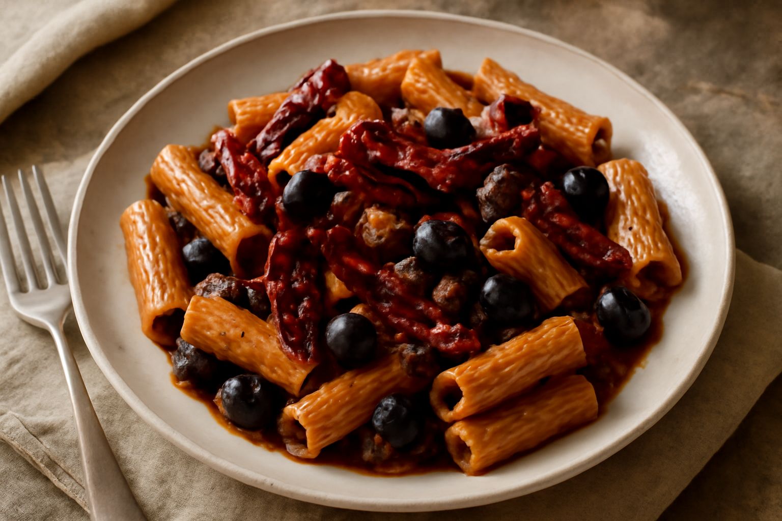 Piatto di pasta rigatoni alla catanzarese, condito con ragù scuro, peperoni cruschi rossi, olive nere intere, impiattato su piatto bianco con salsa al fondo e decorazione di prezzemolo fresco