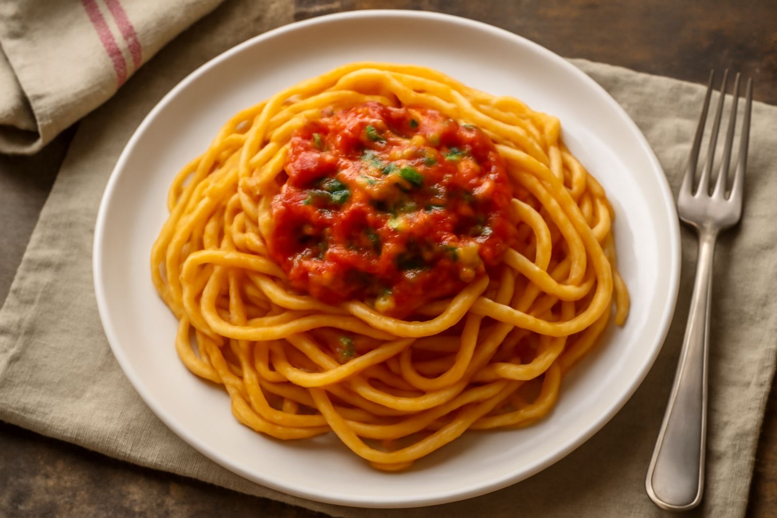 Pasta alla chitarra cruda disposta su un tagliere di legno, fili quadrati di colore giallo dorato, con una chitarra in legno sullo sfondo e semola sparse intorno