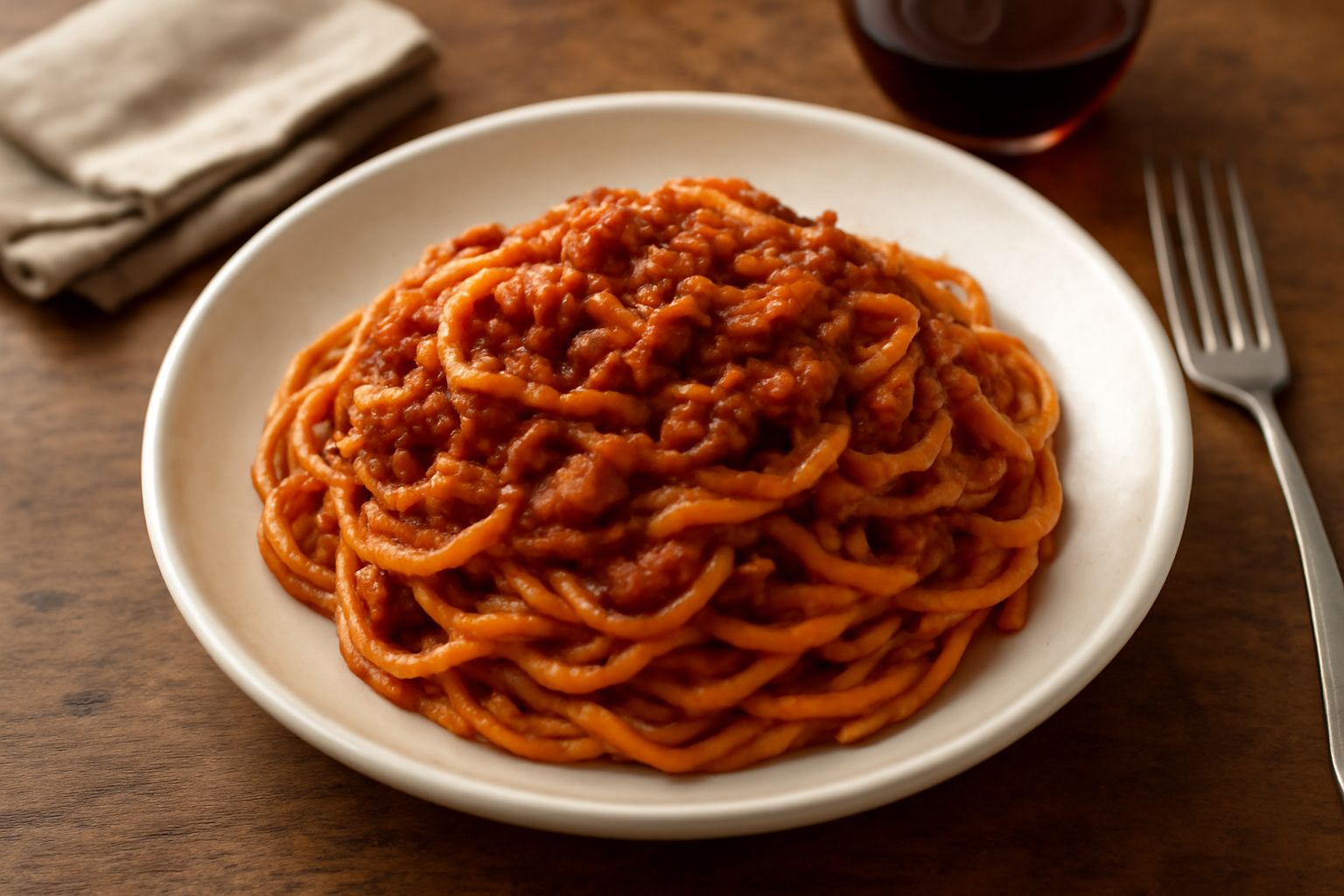 Piatto di pasta alla chitarra con ragù rosso scuro, carne visibile nel sugo, grana di parmigiano grattugiato in superficie, su piatto bianco con bordo leggermente dorato