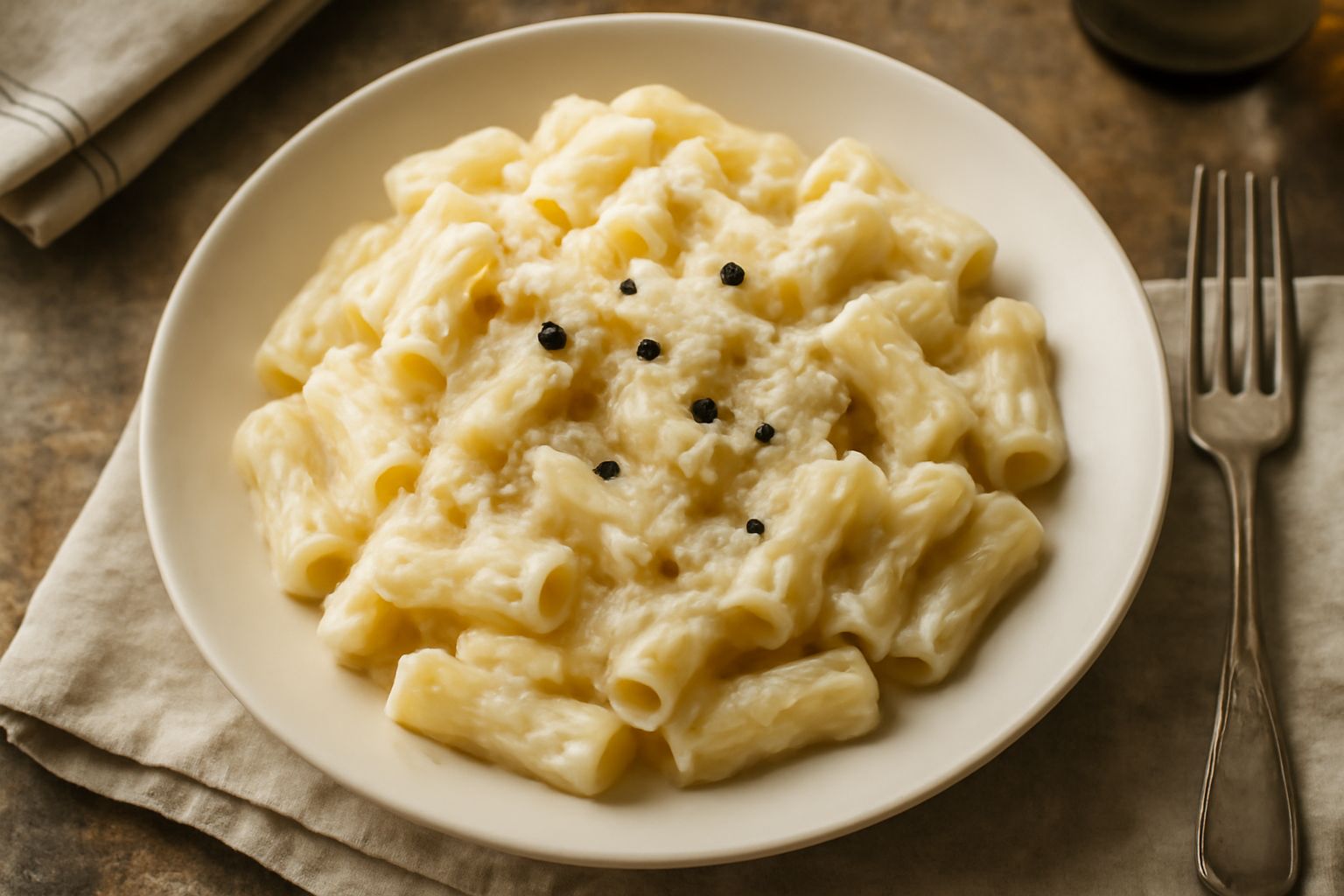 Piatto di pasta gialla con cremosa salsa bianca punteggiata da grani di pepe nero visibili, con fiocchi di formaggio pecorino grattugiato in rilievo sulla superficie