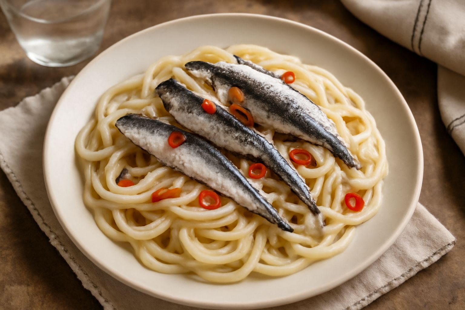Piatto di pasta fresca con sardine intere grigio-argento, olio d'oliva lucido, fettine sottili di aglio dorate, peperoncino rosso visibile, porzioncina di prezzemolo fresco verde su un piatto bianco f