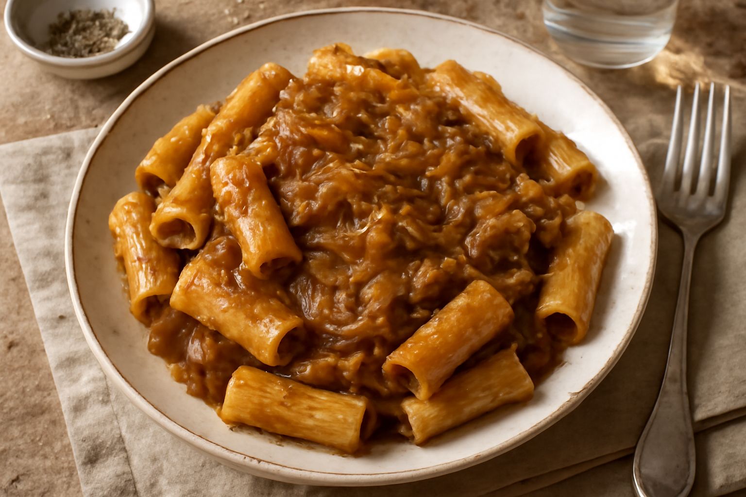 Piatto di pasta alla genovese con salsa marrone scuro, cipolle visibili, condimento cremoso che avvolge la pasta, accompagnato da parmigiano grattugiato e basilico fresco
