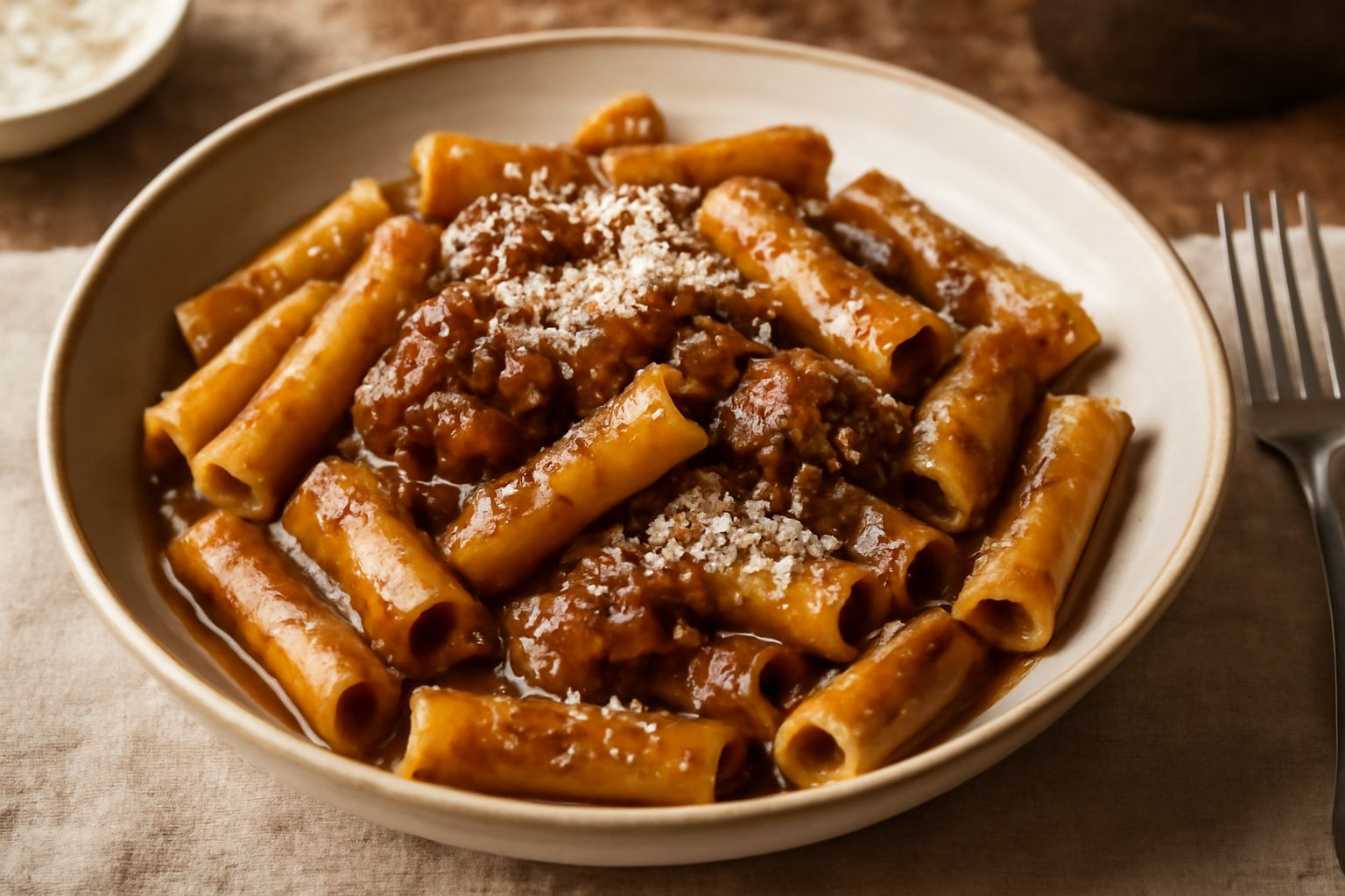 Piatto di pasta rigatoni con ragù marrone scuro, cipolla caramellata visibile, condita generosamente, servita in ciotola bianca con cucchiaio di legno accanto