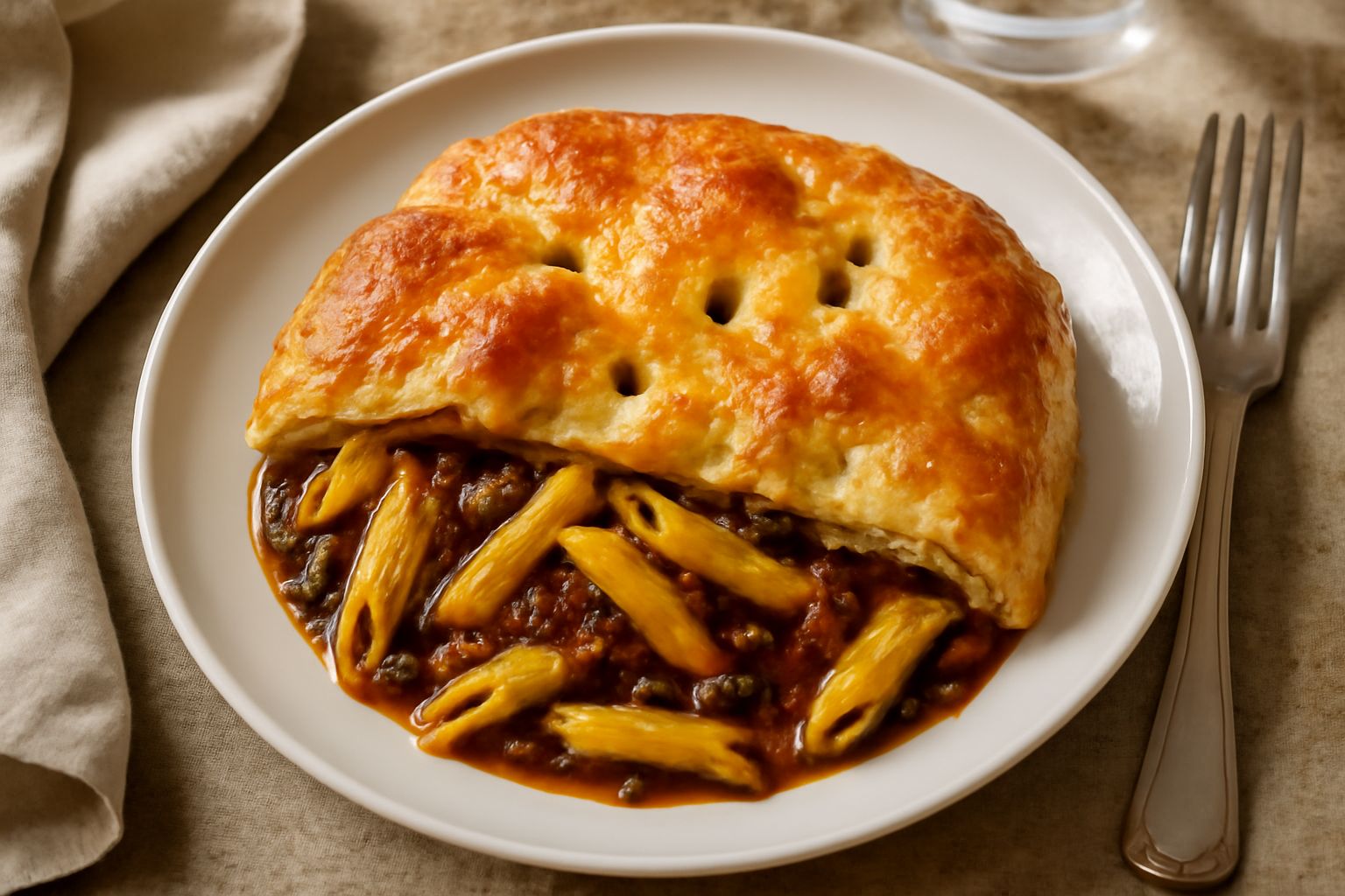 Teglia con pasta alla genovese in crosta: sfoglia dorata e croccante, vista dall'alto, con vapore che sale, piatto in ceramica bianca, forchetta di legno accanto