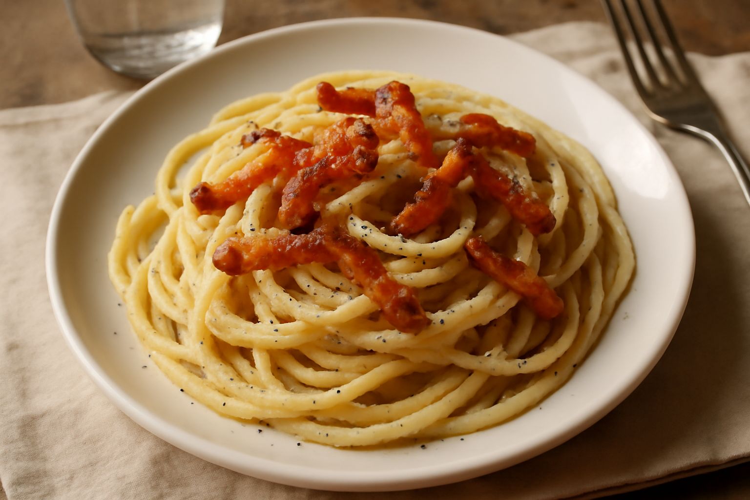 Piatto di spaghetti o bucatini bianchi e neri con guanciale croccante, pepe nero visibile, spolverata di pecorino romano grattugiato, cremosi al centro, servito in piatto bianco