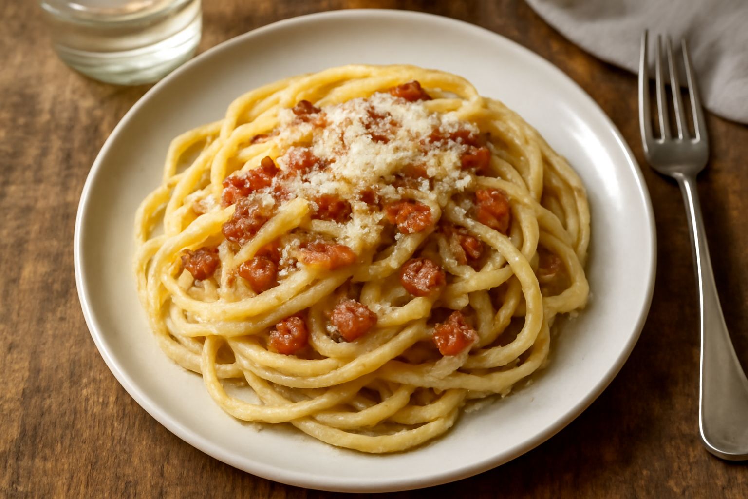 Piatto di pasta alla gricia di carne con spaghetti o tonnarelli color crema, guanciale dorato sparso in superficie, pepe nero visibile, pecorino grattuggiato, impiattato in piatto bianco fondo