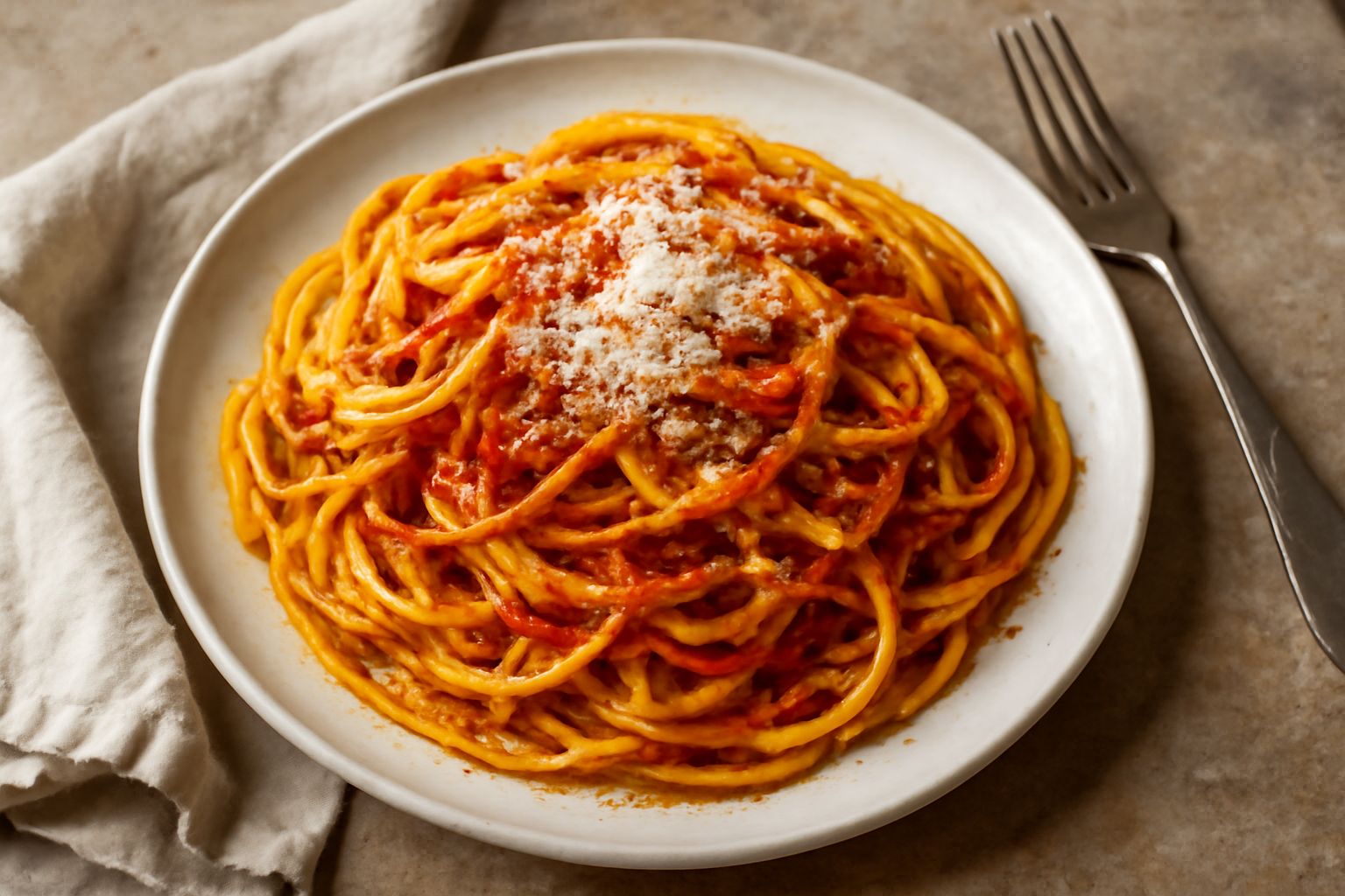 Un piatto di spaghetti gialli con cubetti di pomodori secchi scuri, fili di peperoni rossi affumicati, grana di pecorino bianco e gocce di olio d'oliva, servito in un piatto fondo bianco con bordo est
