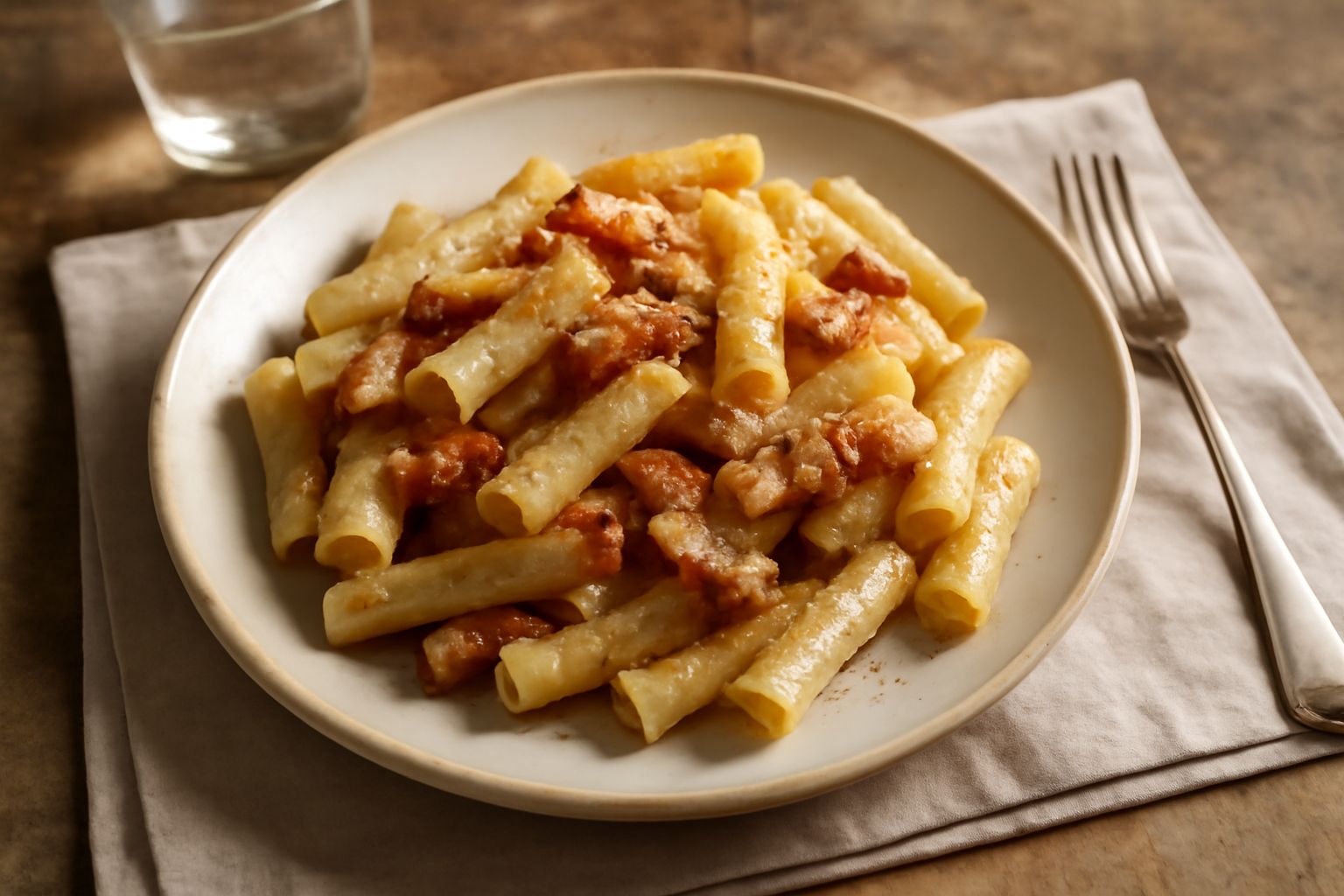 Piatto di gricia con bucatini, guanciale croccante dorato, pecorino romano grattugiato e pepe nero in primo piano su fondo scuro