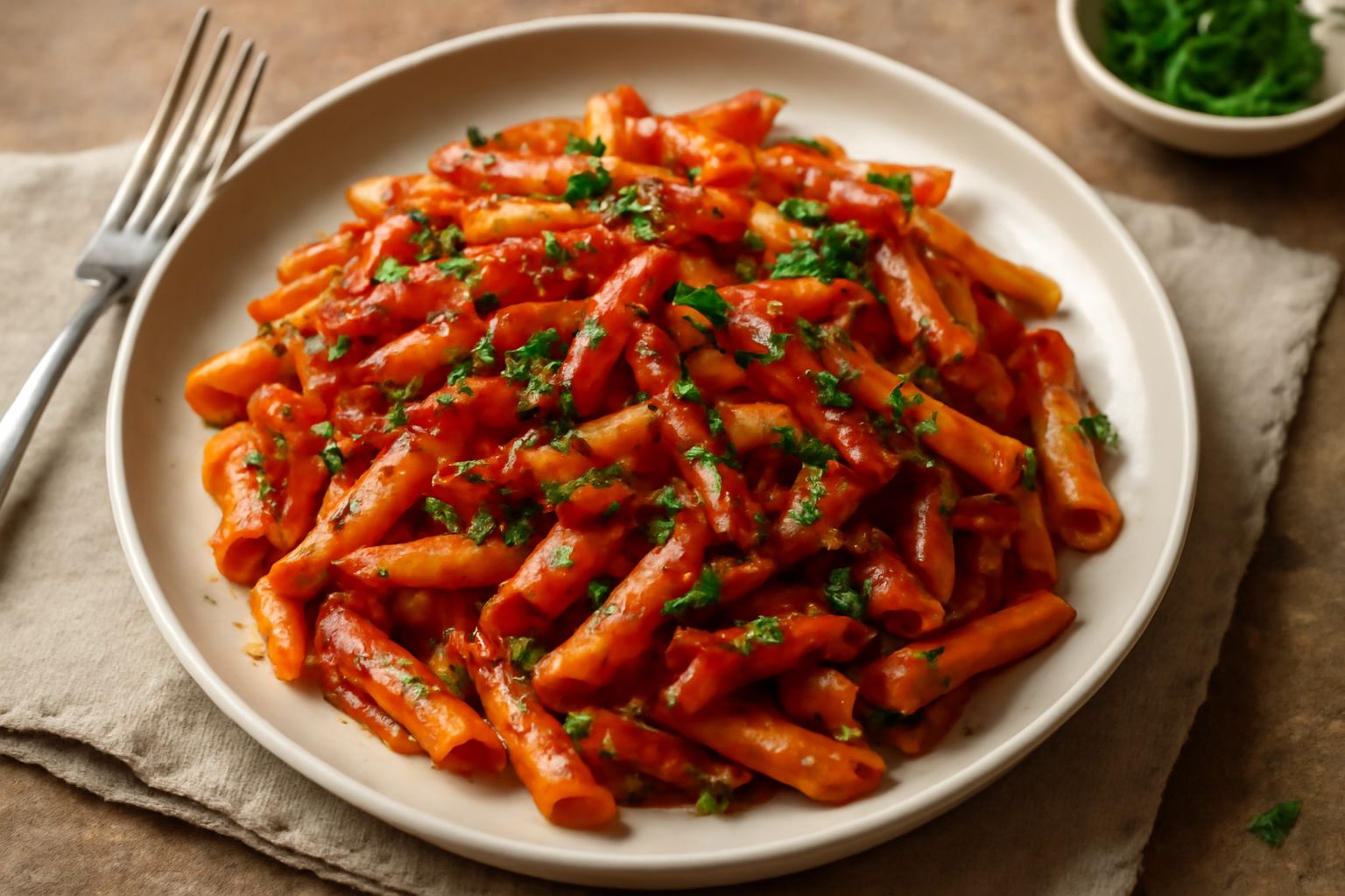 Piatto di pasta bianca con condimento rosso pomodoro, fili di guanciale croccante, prezzemolo verde fresco sparso sopra, servito in piatto bianco fondo con una forchetta