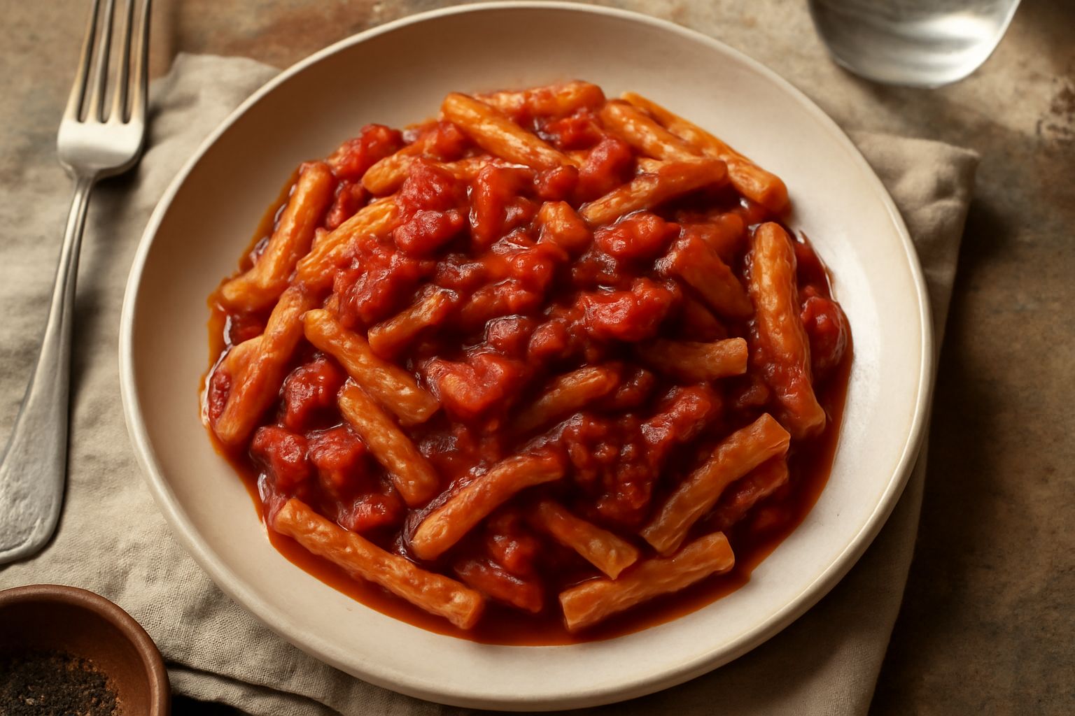 Piatto di pasta rigatoni alla Marsalese con salsa rossa densa, pomodori caramellati, cipolla dorata visibile nei bordi, cosparso di prezzemolo fresco tritato, servito in ciotola bianca con forchetta