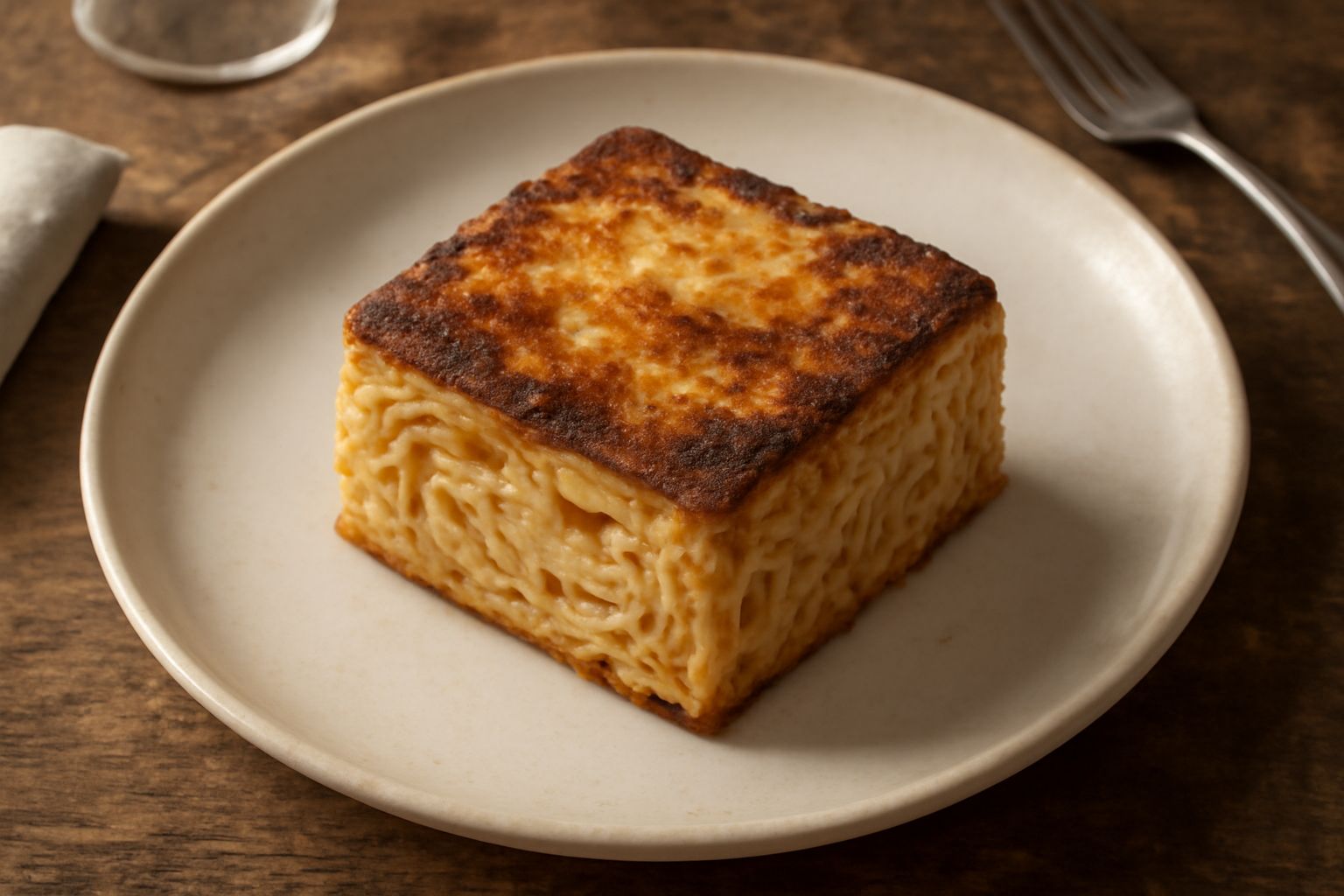Pasta alla mattonella dorata e croccante in una padella antiaderente, tagliata a spicchi, con una crosticina marrone scuro visibile sul fondo e sulla superficie