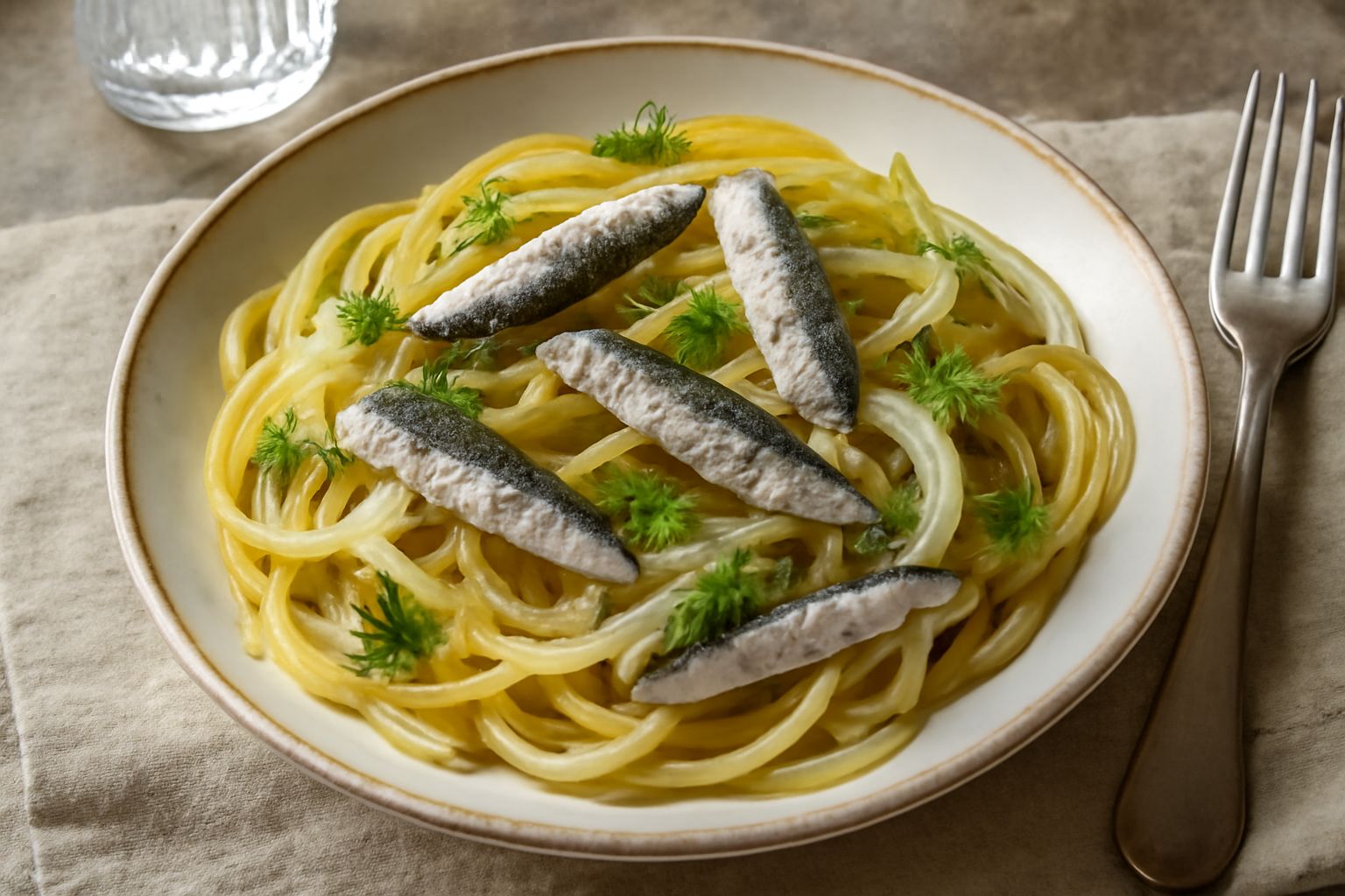 Piatto di pasta alla Messina con sardine salate, finocchietto verde e cipolla, condita con olio d'oliva e pepe nero, servita in un piatto bianco