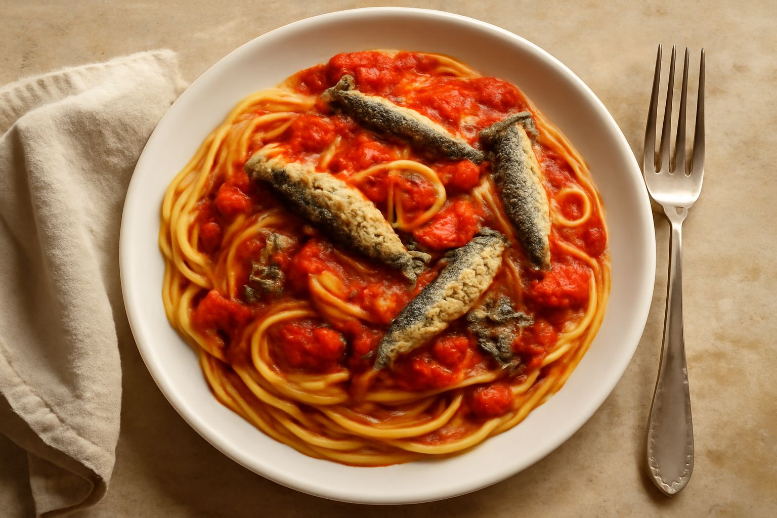 Un piatto di pasta bianca con sardine visibili, salsa di pomodoro rosso brillante, cipolla dorata e prezzemolo verde distribuito in superficie, servito su piatto ceramico bianco