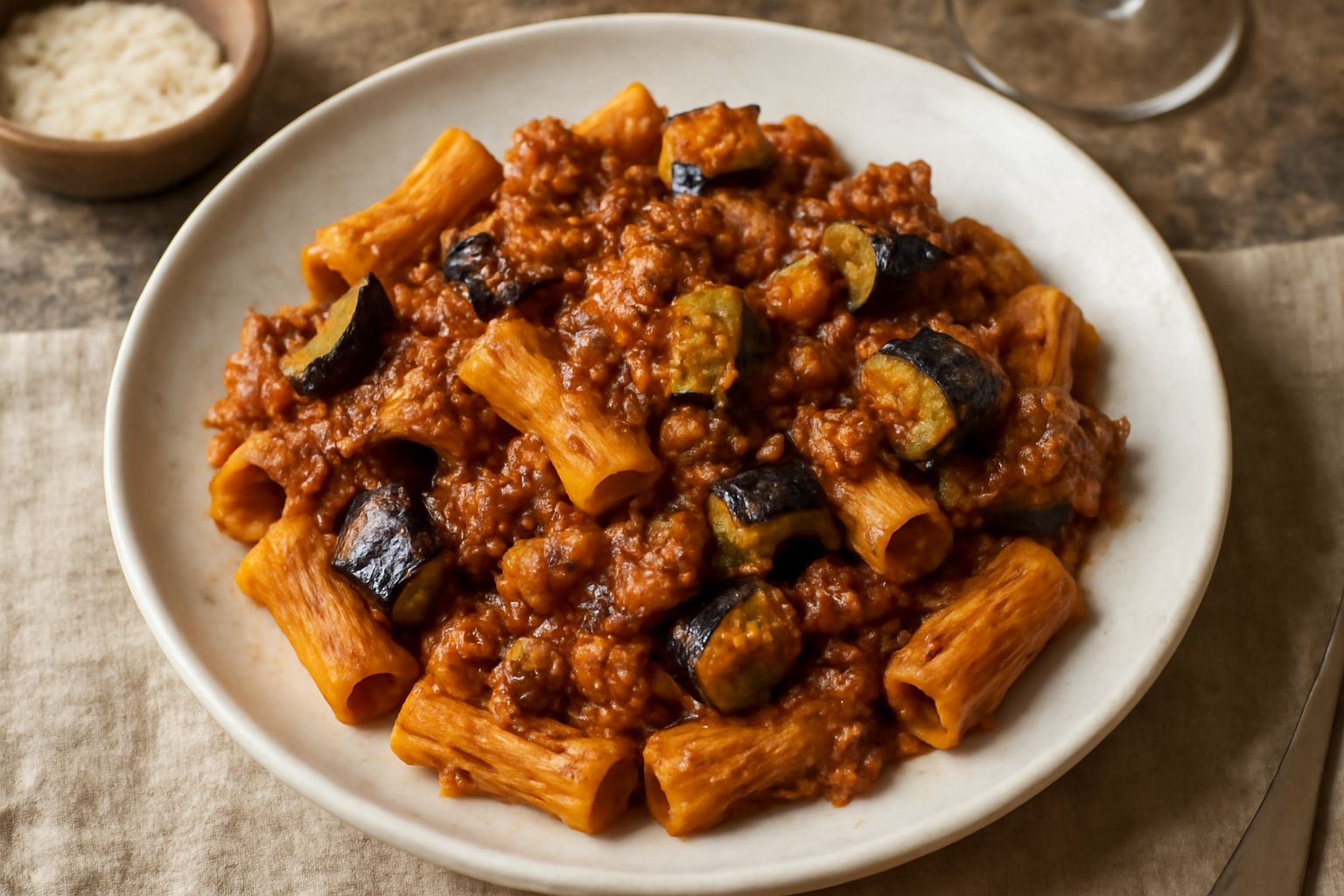 Piatto bianco con pasta rigatoni completamente ricoperta di ragù marrone-rosso, cubetti di melanzane viola fritte, formaggio filante giallo, guarnita con basilico fresco e grana grattugiata