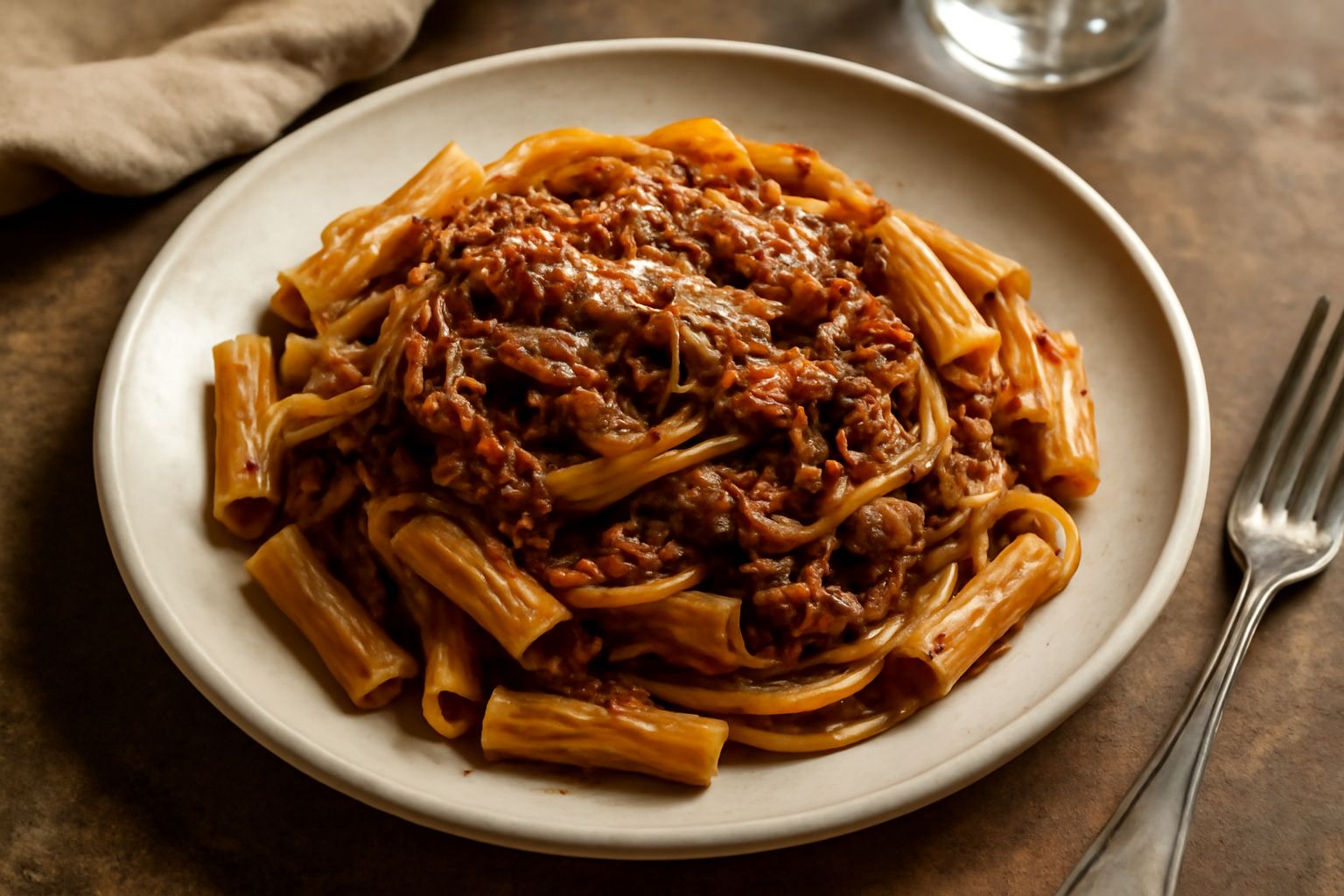 Piatto fondo di ceramica bianca con pasta condita con ragù marrone scuro, guarnito con formaggio grattugiato e una foglia di prezzemolo fresco, bicchiere d'acqua a lato