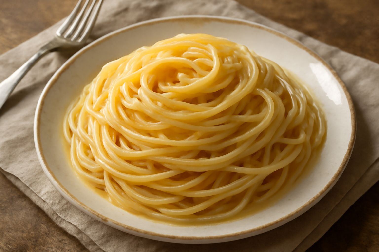 Un piatto di pasta bianca condita con burro dorato, granuli d'aglio leggermente rosolati e prezzemolo verde fresco tritato finemente, impiattato su un piatto bianco con una leggera lucentezza di burro