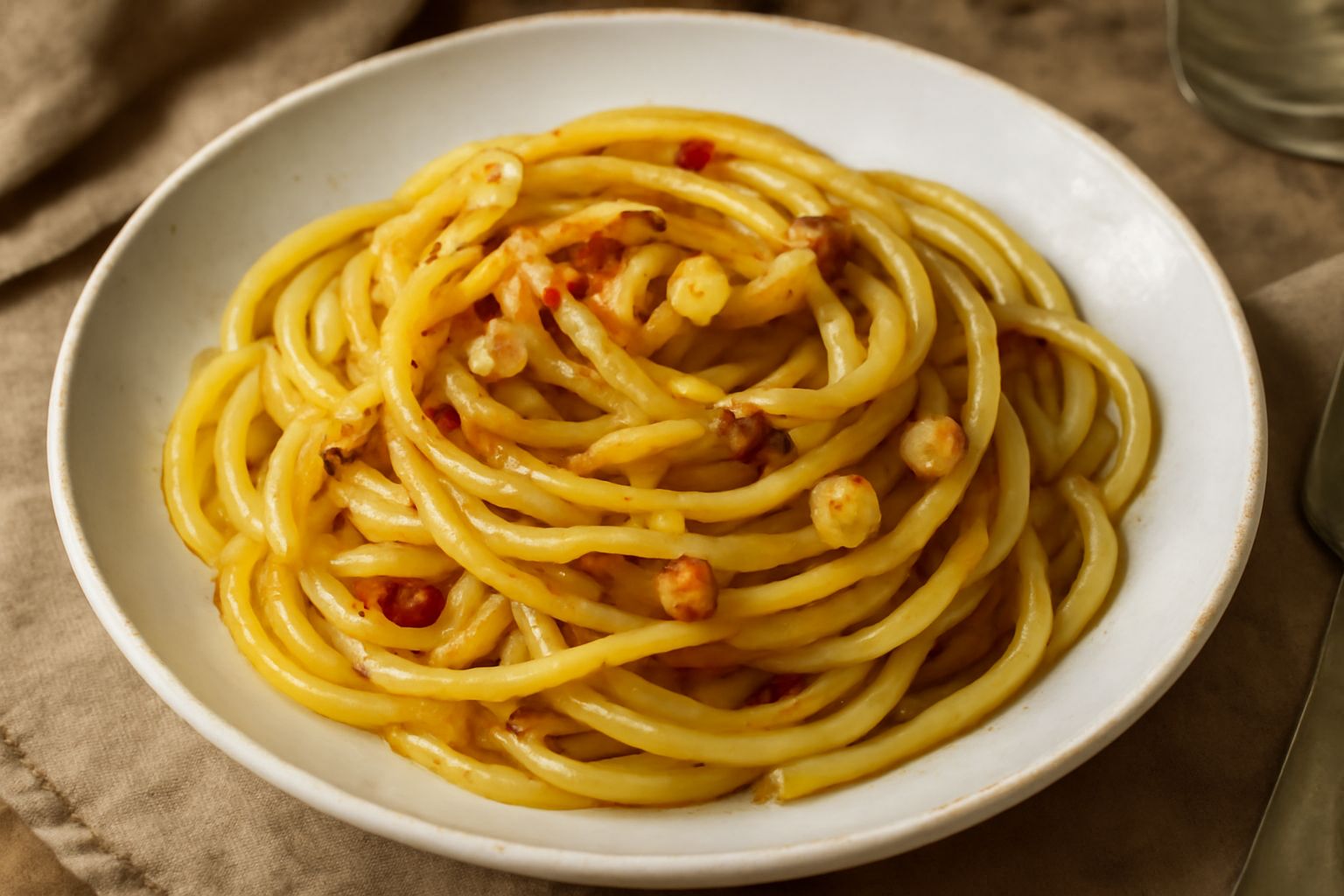Piatto bianco con pasta spaghetti condita con aglio affettato dorato, olio lucido e peperoncino rosso, guarnito con prezzemolo fresco verde, filo di aglio croccante ai lati del piatto
