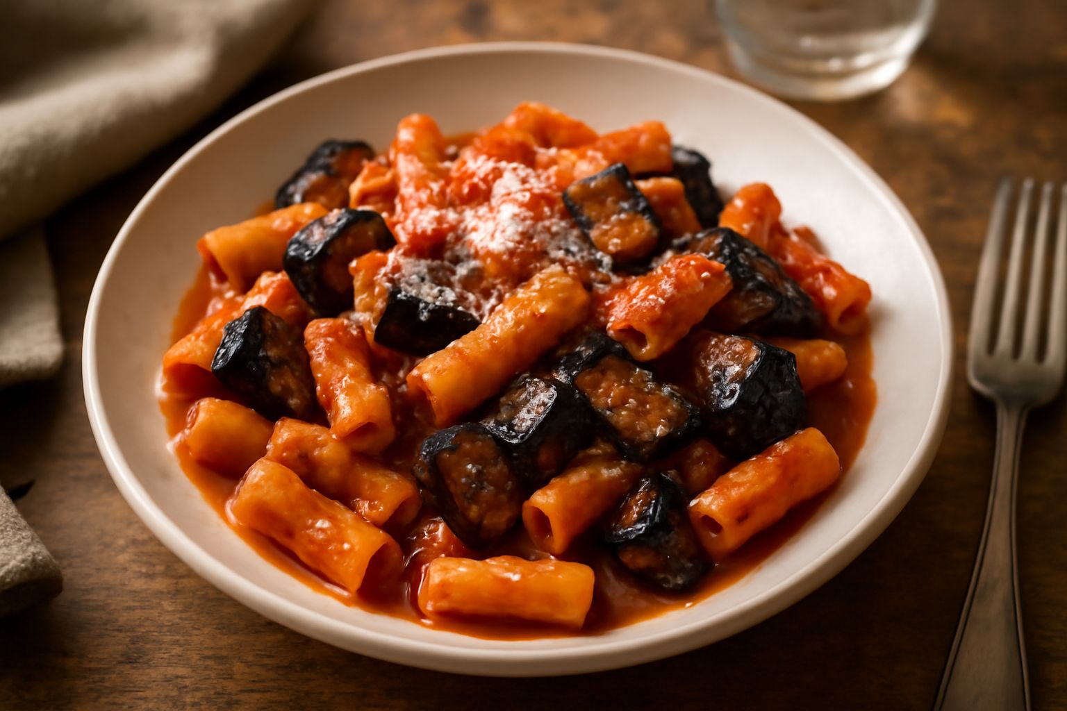 Piatto di pasta bianca con melanzane fritte violacee e lucide, condimento rosso di pomodoro, filamenti di formaggio grattugiato, servito in piatto di ceramica bianca con contorno di basilico fresco