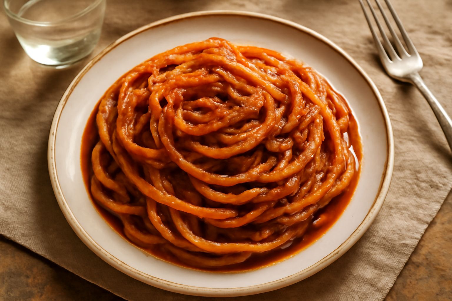 Piatto di pasta alla 'nduja: spaghetti rivestiti di salsa rossa-marrone cremosa, guarniti da pepe nero macinato al momento e fili di pecorino grattugiato, olio lucido in superficie