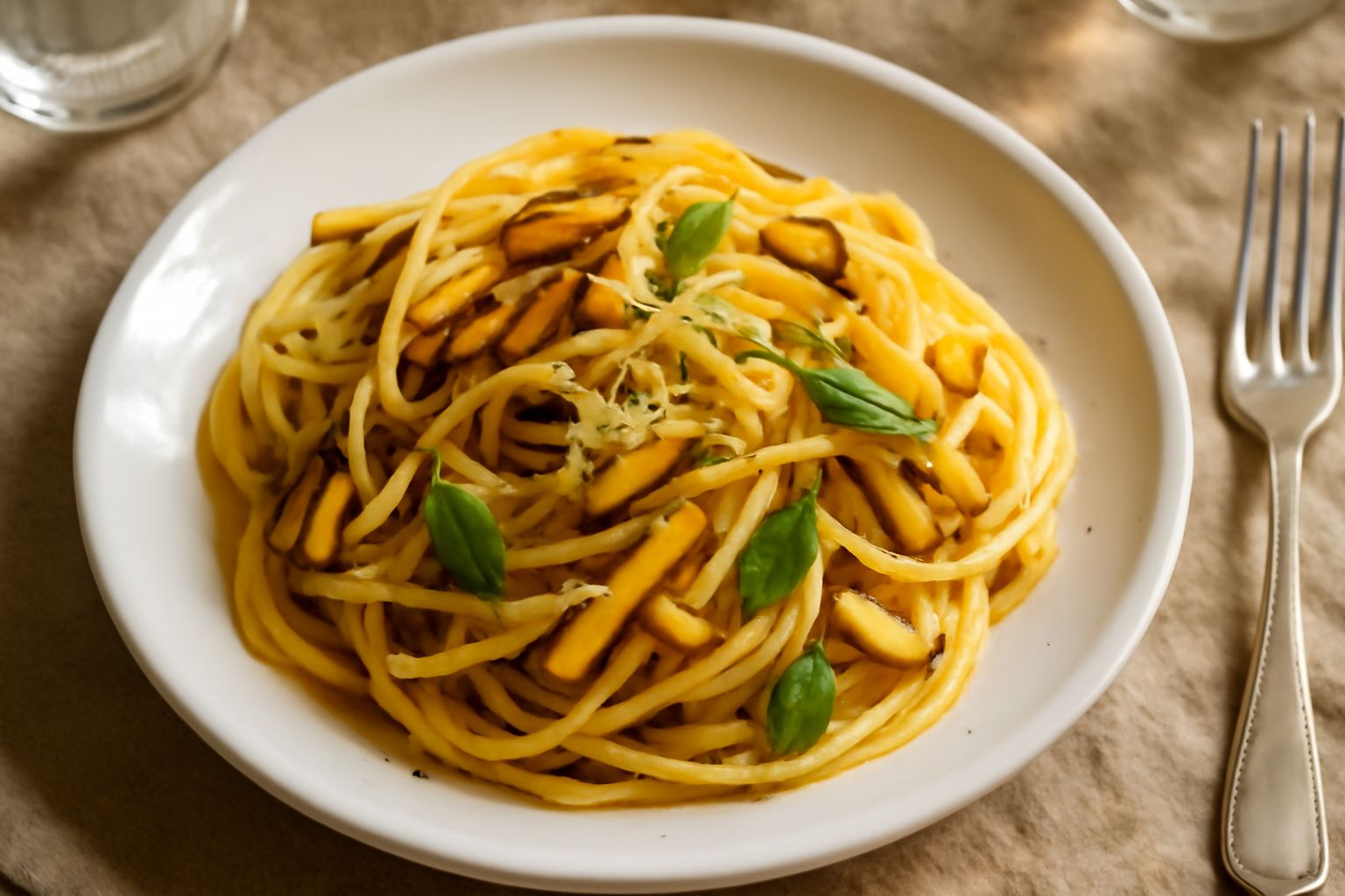Piatto di pasta alla nerano con zucchine gialle tagliate a bastoncini, filamenti di provola affumicata dorata, basilico verde brillante e olio d'oliva luccicante, impiattato su un piatto bianco