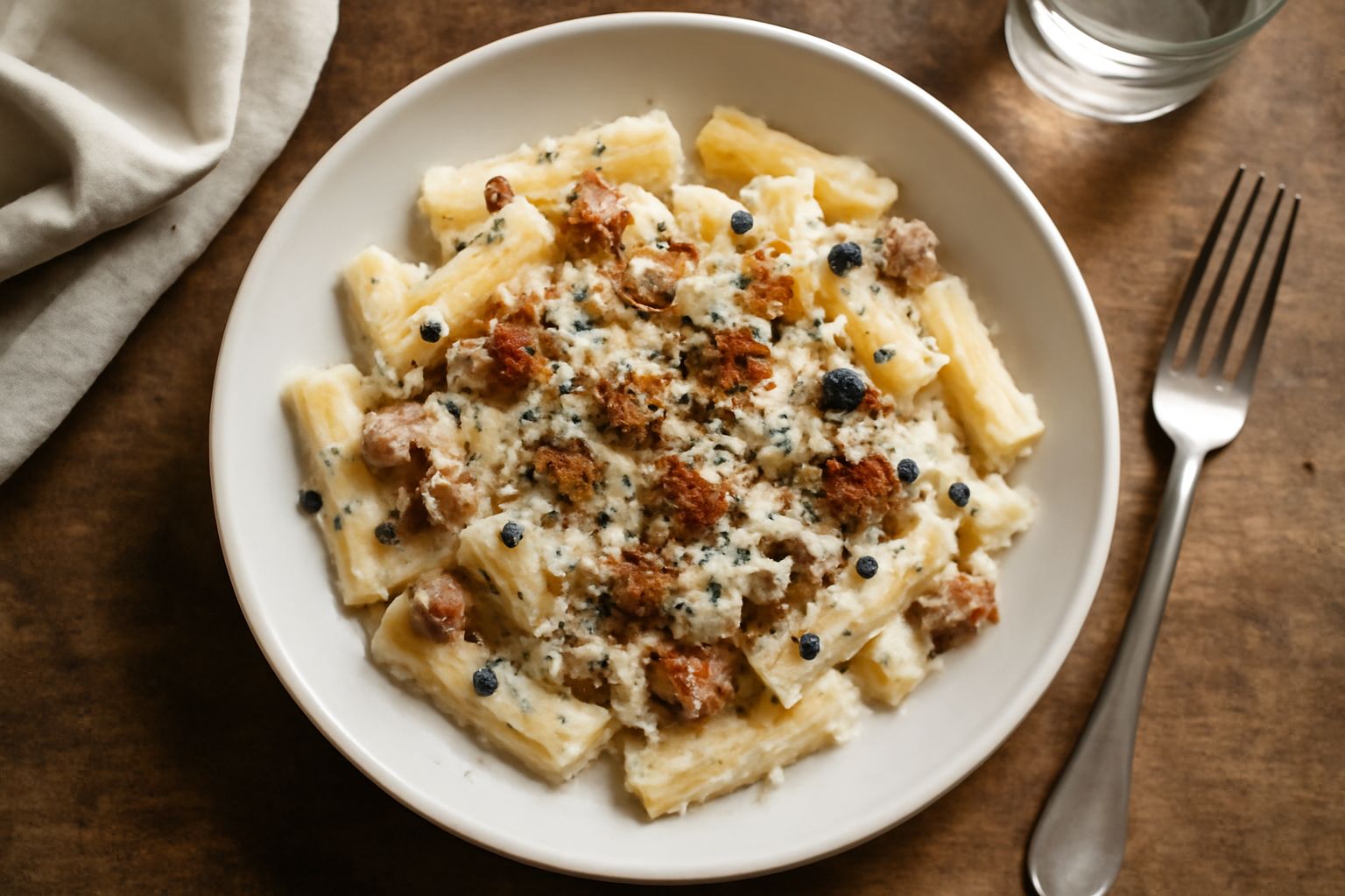 Piatto di pasta alla norcina con rigatoni o pappardelle ricoperte di crema bianca, frammenti neri di tartufo, salsiccia sfatta, grattugia di parmigiano e prezzemolo fresco, servito in un piatto bianco