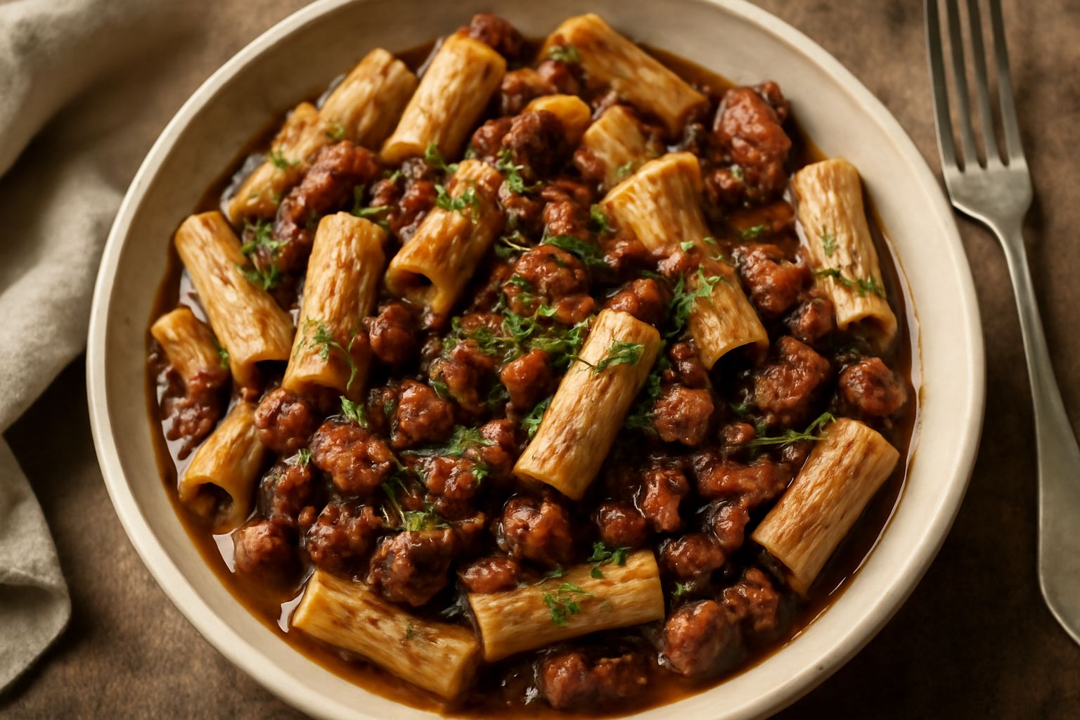Un piatto di pasta fresca rivestita di un condimento marrone scuro e grasso, con visibili pezzi di carne sminuzzata, cipolla dorata e prezzemolo verde fresco, servita in un piatto bianco.