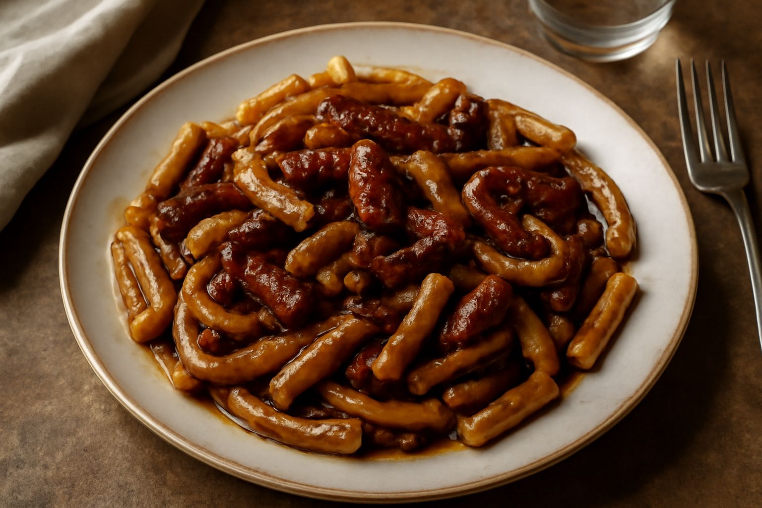 Piatto di pasta alla norcineria con pezzi di guanciale dorato e pancetta, condimento scuro e brillante, pepe nero visibile, servito in un piatto bianco, una forchetta di lato