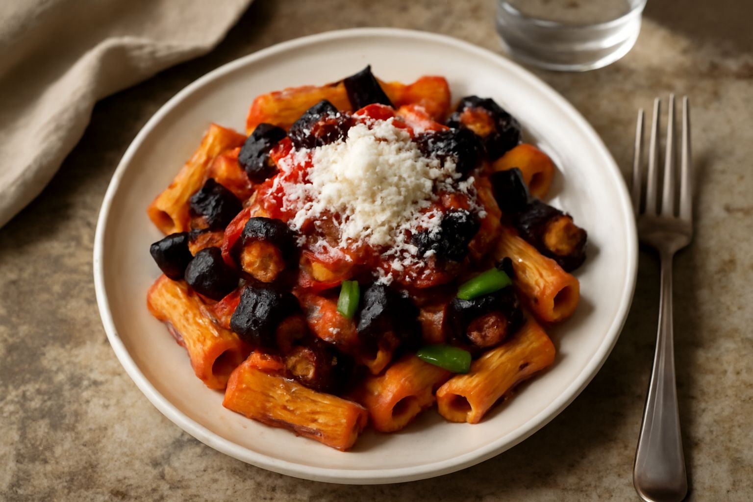 Piatto di pasta alla Norma con melanzane viola a dadini croccanti, sugo di pomodoro rosso brillante, ricotta salata bianca grattugiata in superficie, pasta lunga al centro, servito in piatto bianco fo