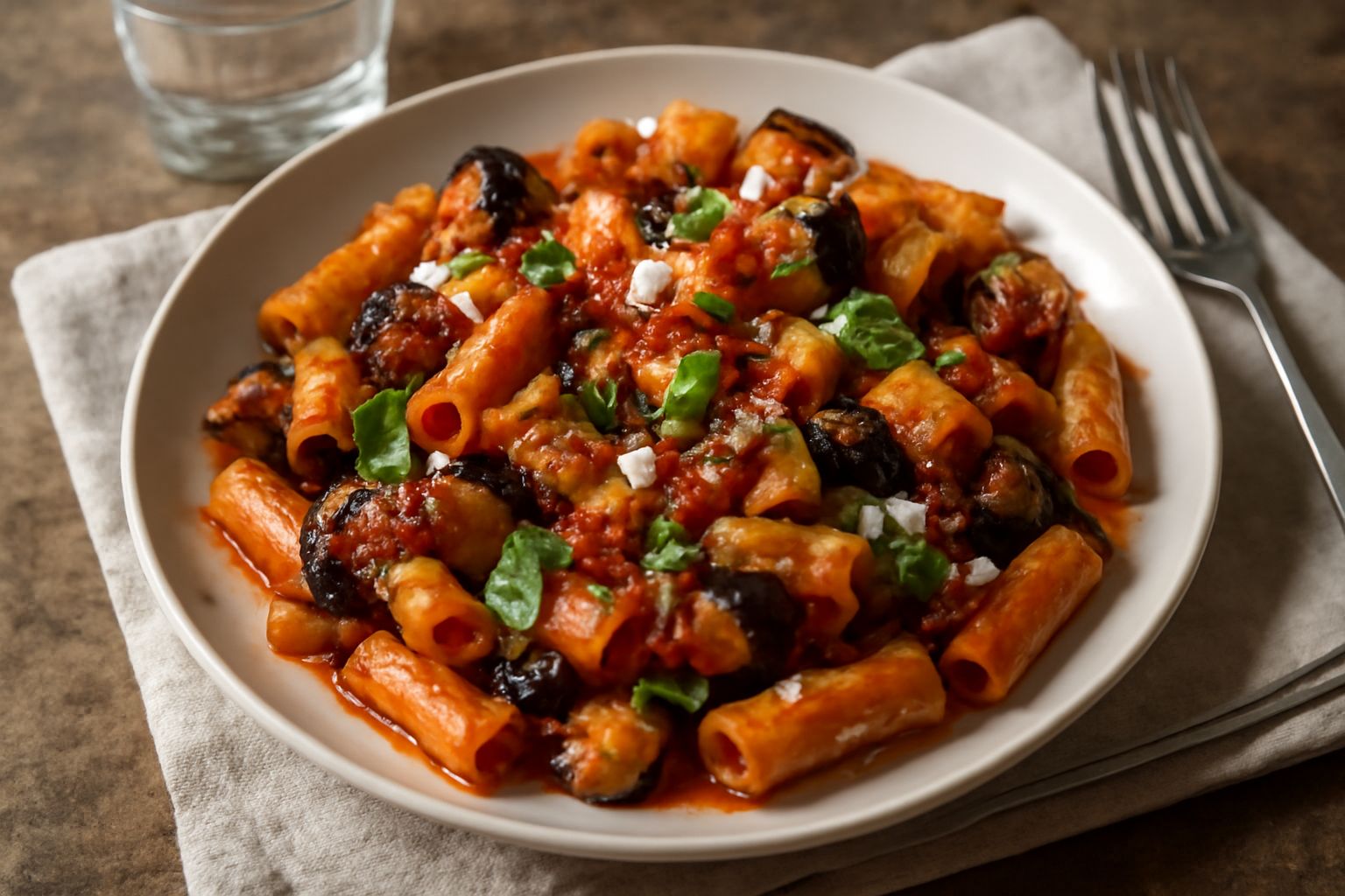 Piatto di pasta alla Norma con melanzane dorate, sugo rosso di pomodoro, ricotta salata bianca grattugiata e foglie di basilico fresco