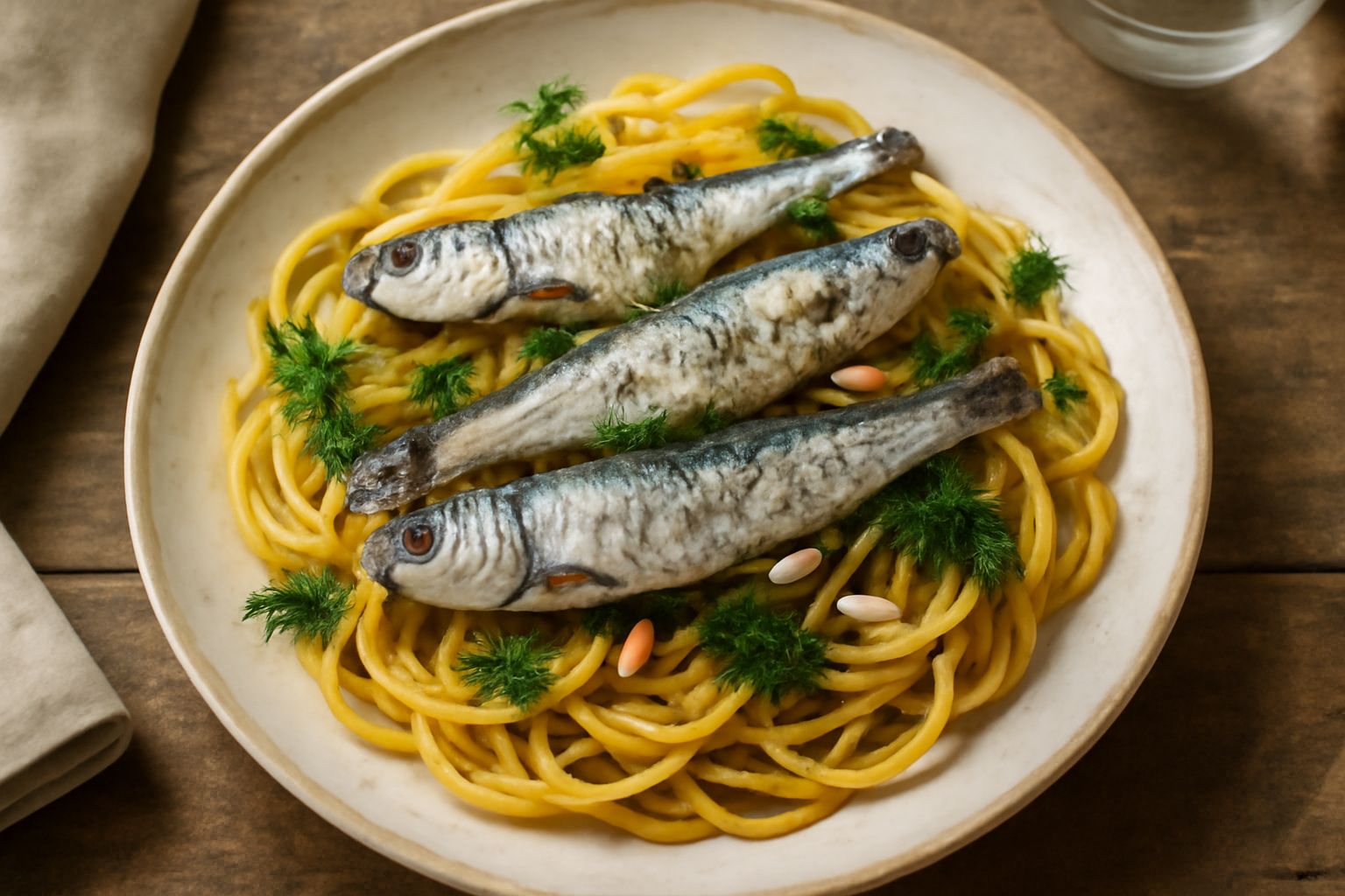 Piatto di pasta spaghetti dorati con sardine argento, finocchio verde scuro, pinoli tostati e filo di olio d'oliva, servito in piatto bianco con limone fresco a lato