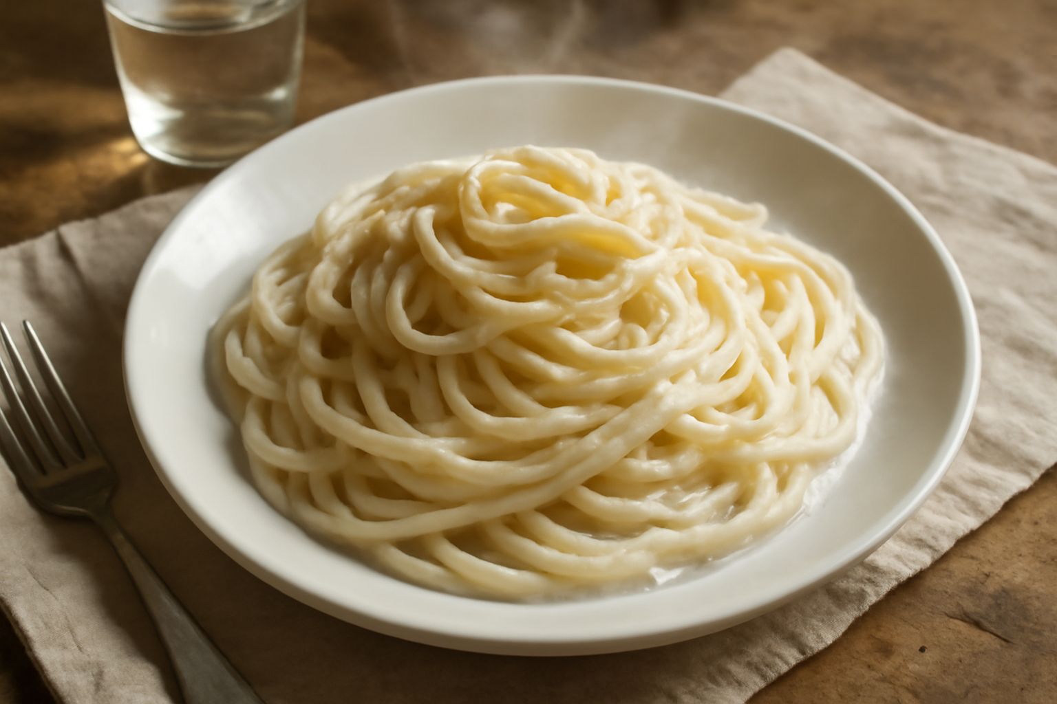 Pasta alla pignata in un piatto bianco fondo: spaghetti o linguine ricoperti da una salsa color beige panna, spolverata di pepe nero macinato fresco e scaglie di formaggio pecorino duro, piatto fumant